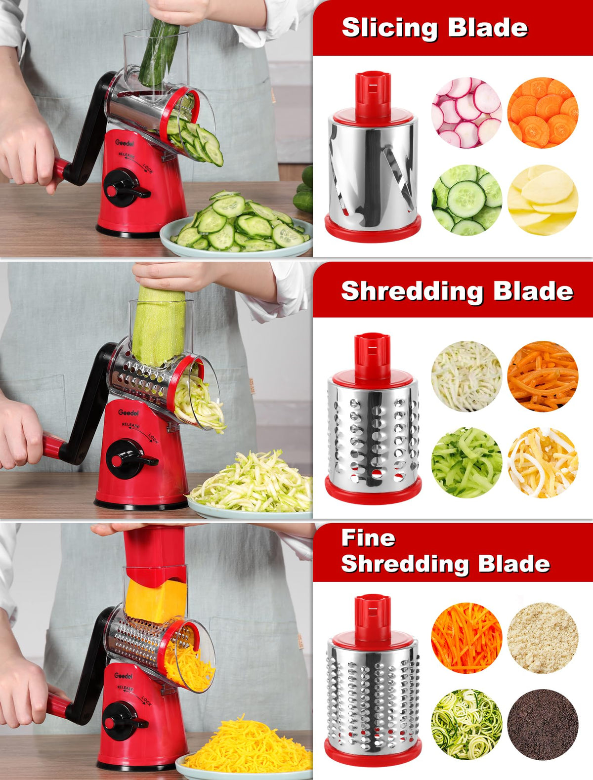 Geedel Rotary Cheese Grater, Mandoline Vegetable Slicer with 5 Interchangeable Blades, Easy to Use Rotary Grater Slicer for Fruit, Vegetables, Nuts