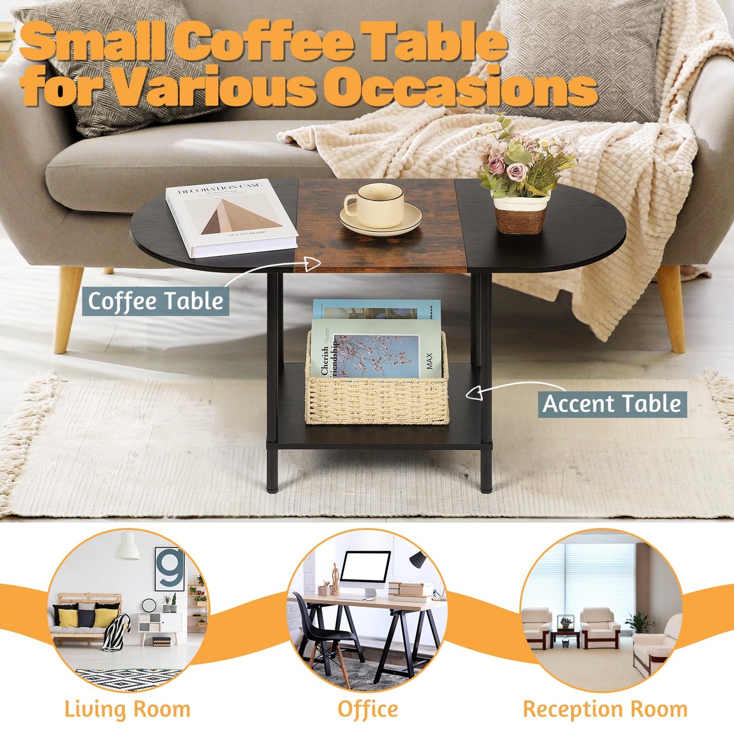 Coffee Tables for Living Room,2-Tier Small Oval Center Table Industrial Modern Style Coffee Tables with Storage Shelf and Wood Tabletop for Small Space,Home Office,Brown & Black