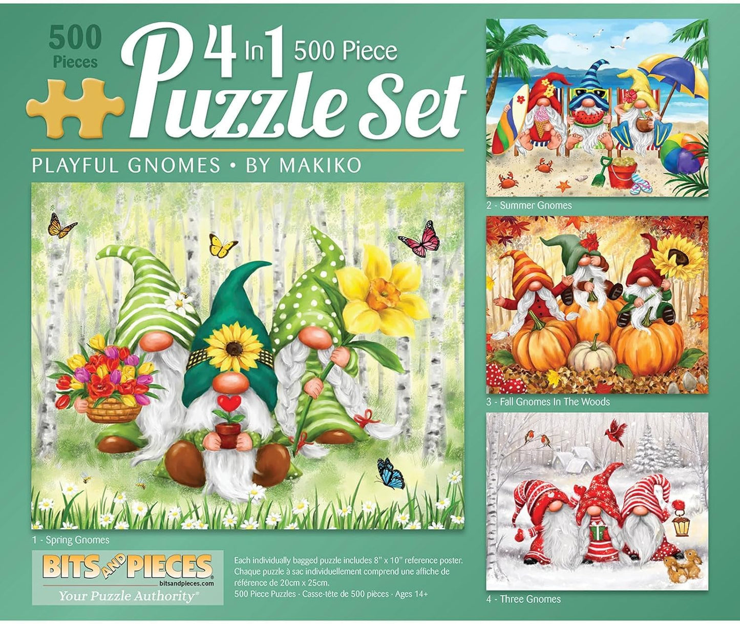 Bits and Pieces - 4-in-1 Multi-Pack 500 Piece Jigsaw Puzzles for Adults - 500 pc 'Playful Gnomes' Puzzle Set Bundle by Makiko - 16" x 20" (41cm x 51cm)