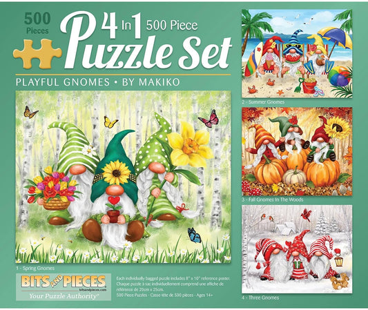 Bits and Pieces - 4-in-1 Multi-Pack 500 Piece Jigsaw Puzzles for Adults - 500 pc 'Playful Gnomes' Puzzle Set Bundle by Makiko - 16" x 20" (41cm x 51cm)
