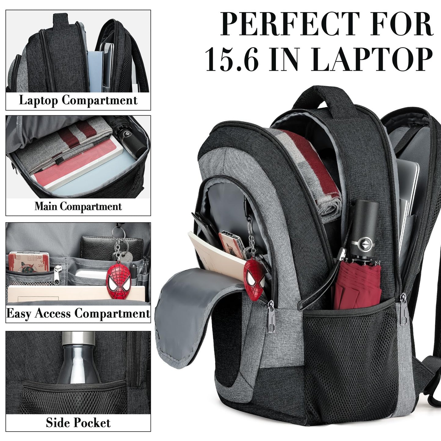 Travel Laptop Backpack Men, School Backpacks for Teen Girls Water Resistant Back Pack, Business Anti Theft Slim Sturdy Computer Bag Gifts Fits 15.6 Inch Laptop with USB Charging Port, Blackgrey