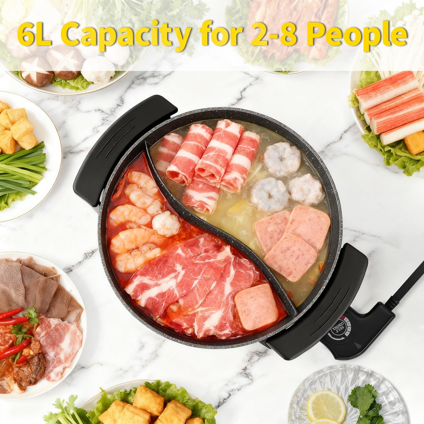 Food Party Hot Pot Electric Hotpot with Divider Shabu Shabu Hot Pot Non-Stick 6-Quart Large Chinese Pot Korean