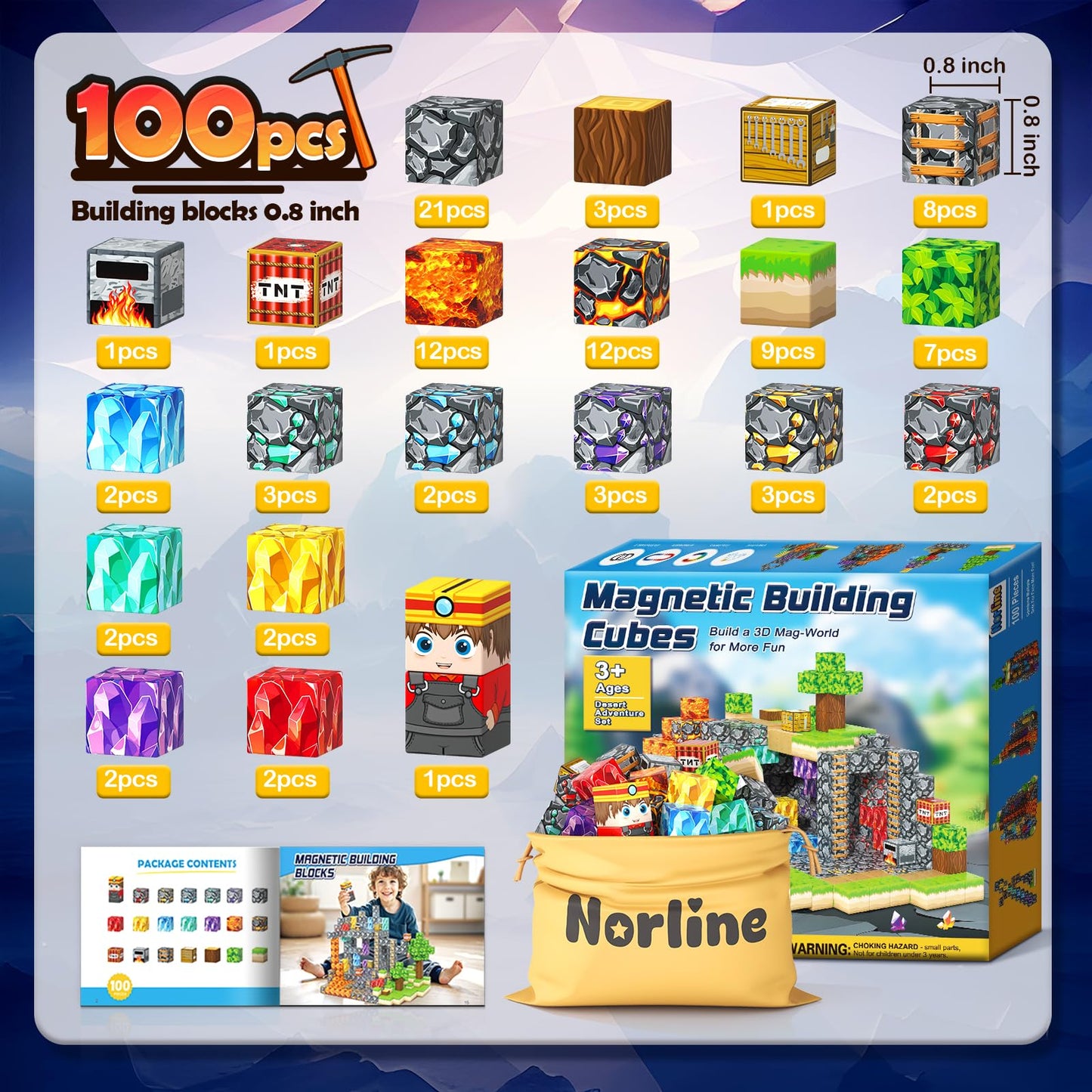 100PCS Magnetic Blocks Building Toys, Gem Cave Adventure Building Craft, Learning Sensory Toys for Boys Girls Age 3-12, Game Gift for Kids Little Gamers