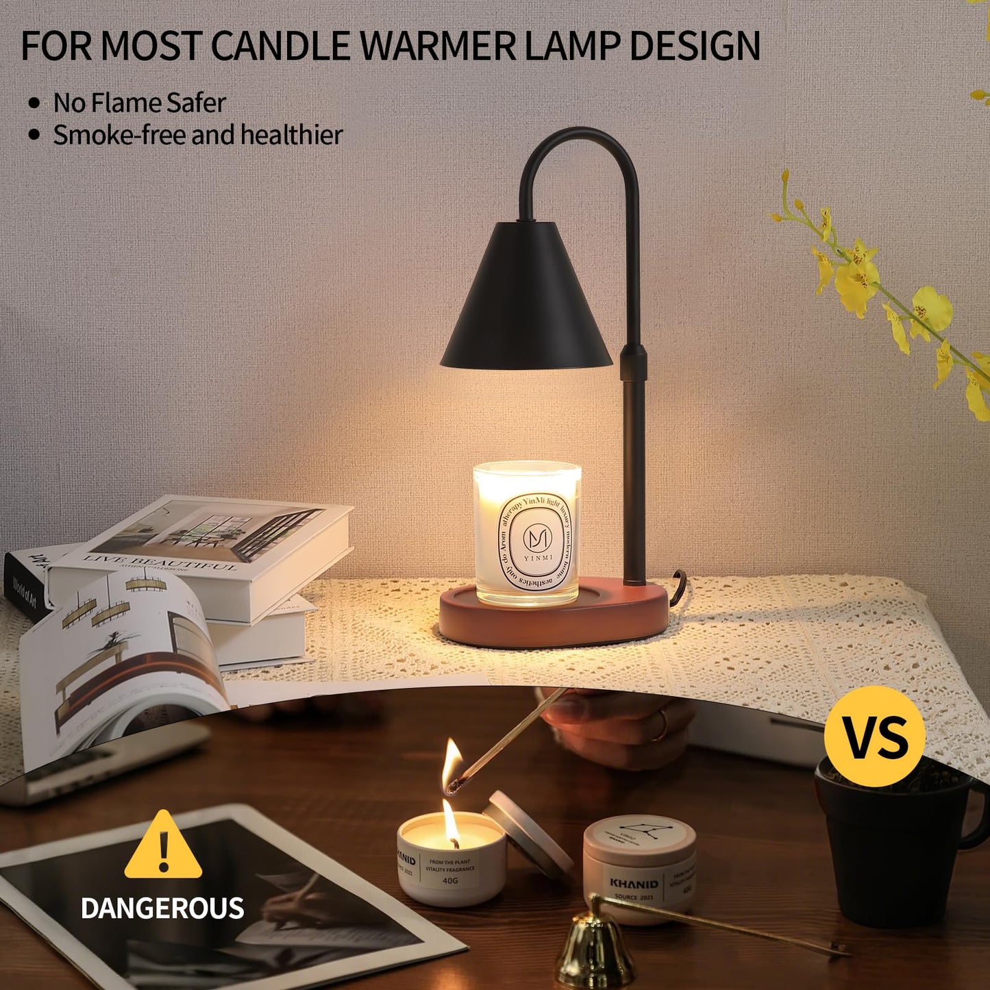 Candle Warmer Lamp,Black Horn Lampshade Dimmble Fragrance Electric Melter House Warming Decor with 2 Bulbs for Gifts Bedroom Jar Candles