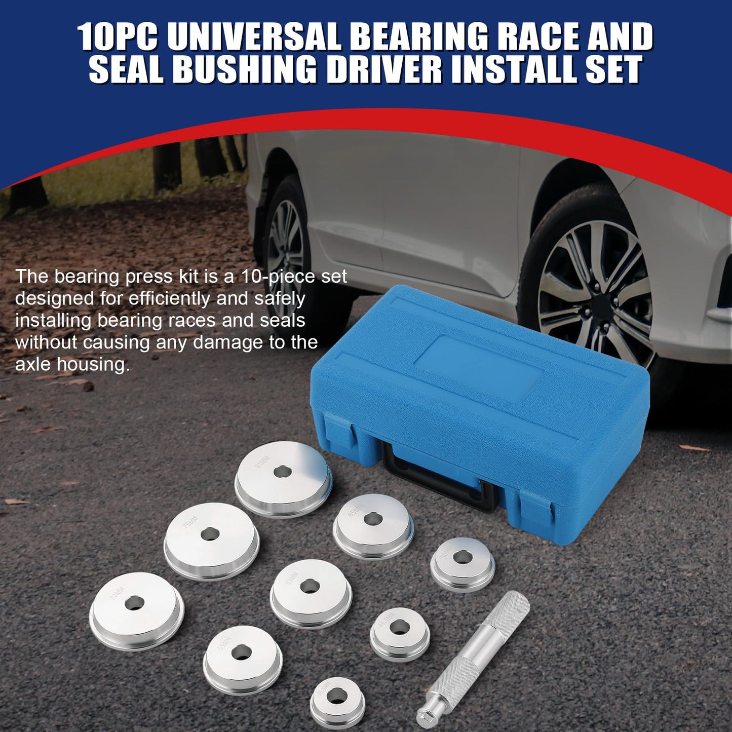 NYXOVA Bearing Press Kit, 10pc Universal Bearing Race and Seal Bushing Install Set With 9 Adapters for Bearing Installation