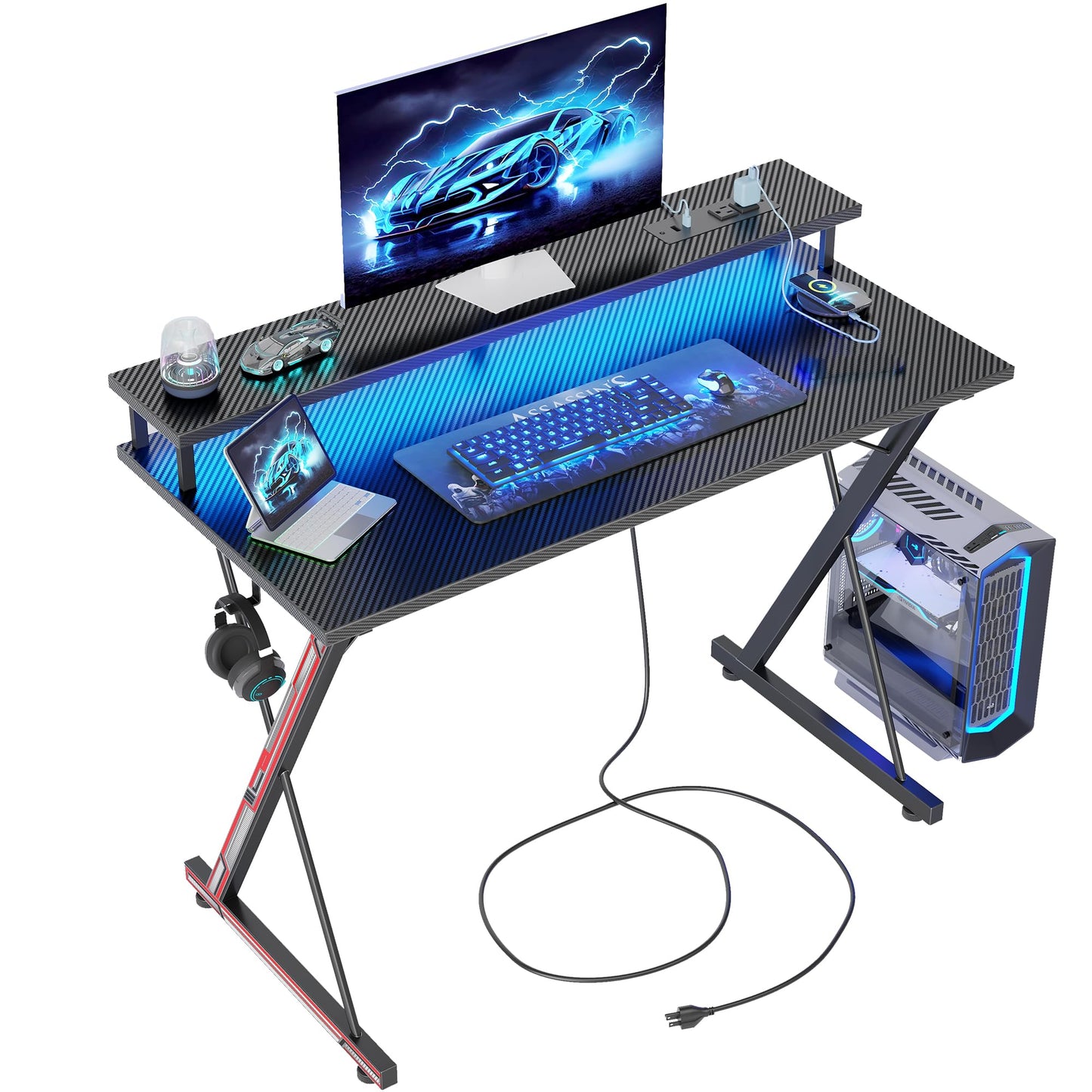 BEXEVUE Gaming Desk with Power Outlets LED - 40 inch Ergonomic Computer Gamer Table, PC Monitor Stand, X Frame, Headphone Hook, Workstation for Study Bedroom Home Office, Black