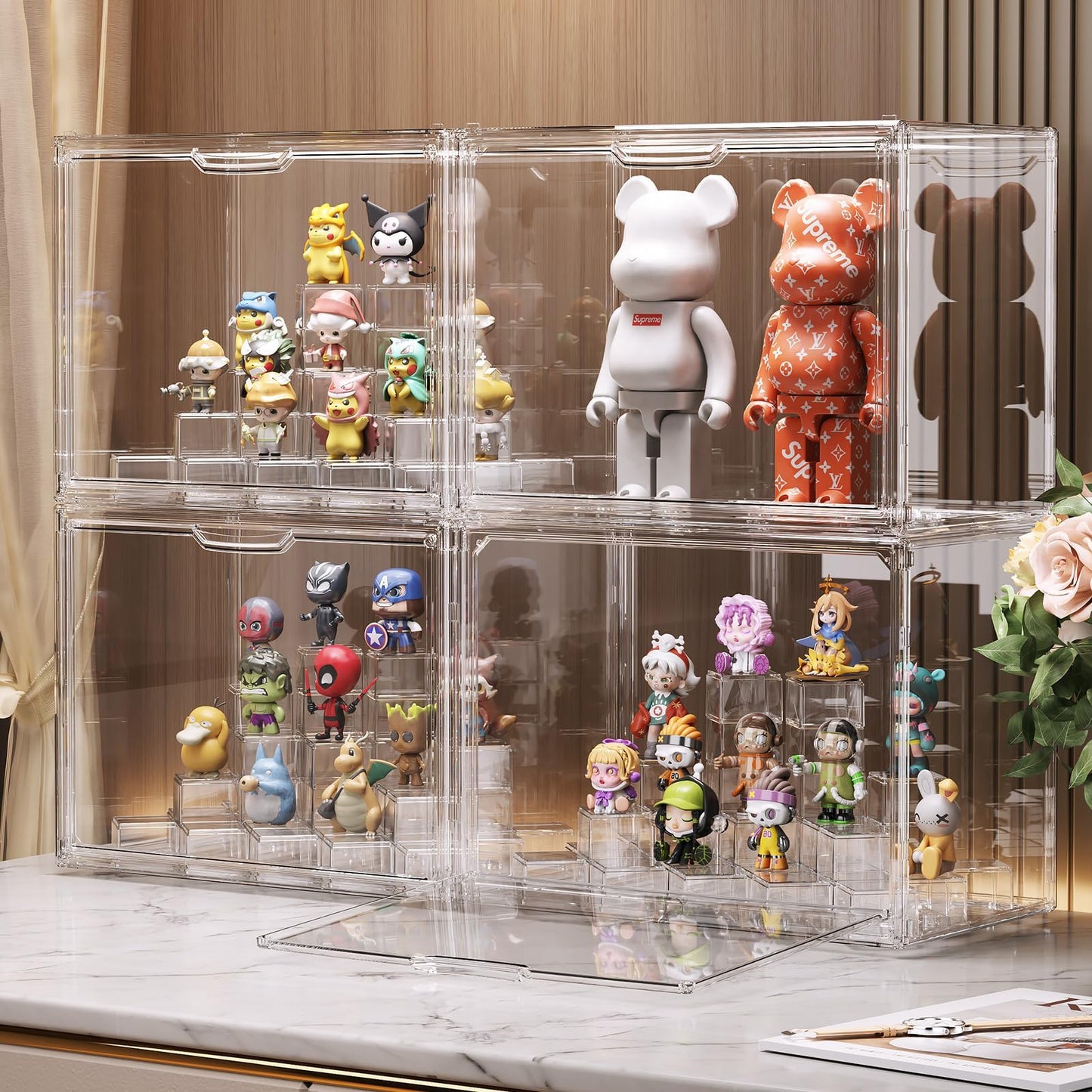 GUDEMAY Clear Acrylic Display Case for Collectibles with Magnetic Door, Stackable Dustproof Storage Box, Modular Risers, Showcase for Action Figures, Blind Box Toys, Collectible Figures