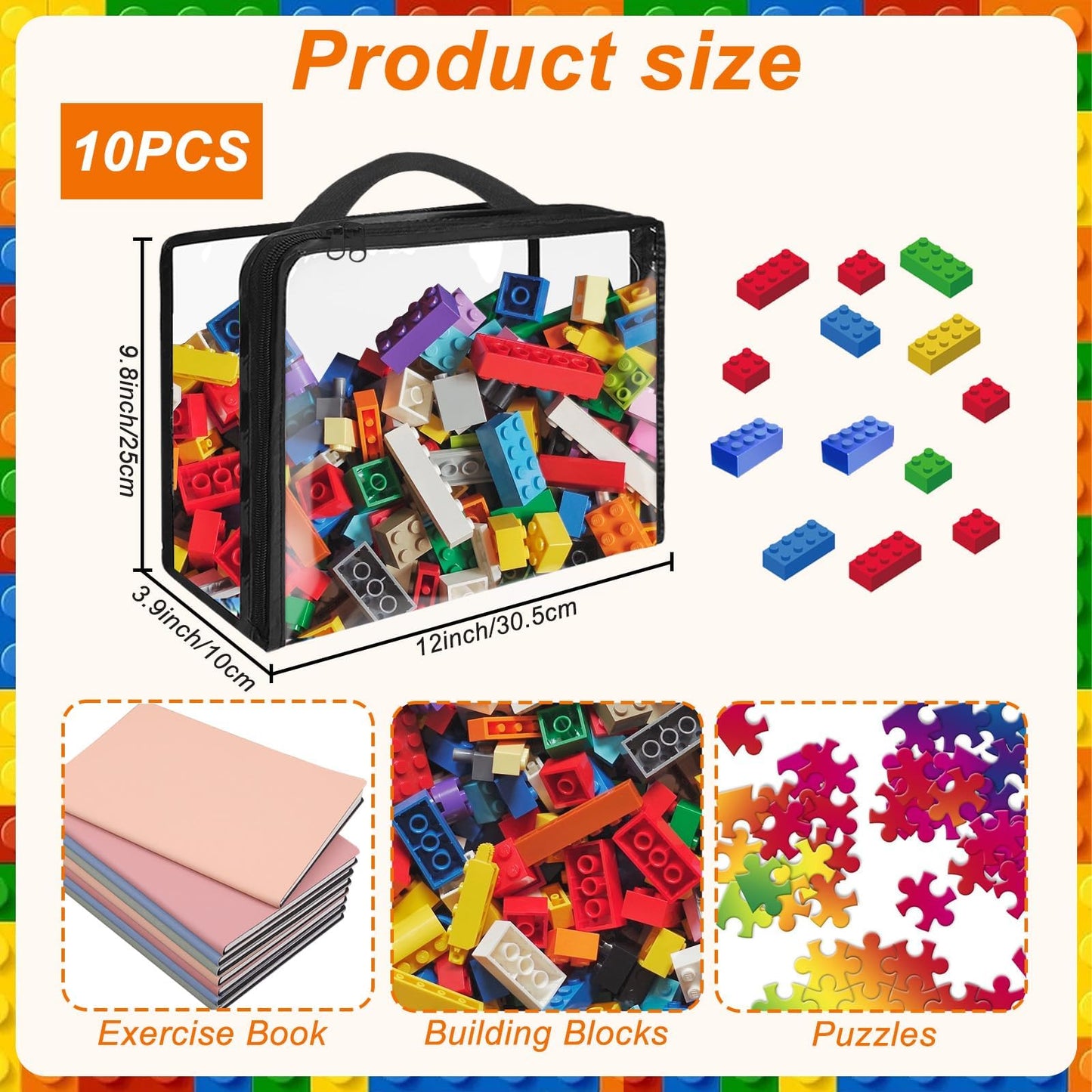 10 Pack Clear PVC Organizing Bags with Zippered Closure,11.8"×9.8"×3.9" Toy Storage Bags, Waterproof Organizer Bags for Board Games, Building Blocks, Clay,XL