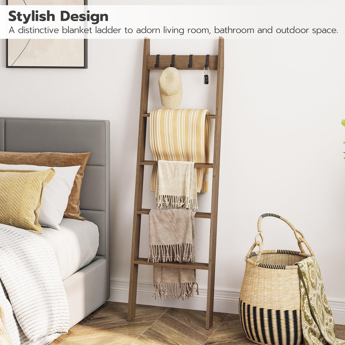 HOOBRO Blanket Ladder, Wall Leaning Blanket Rack, 5 Ft, 5 Tier Farmhouse Ladder Shelf, Towel Rack, Decorative Quilt Rack, Removable Hooks, Living Room, Bedroom, Bathroom, Mocha MA51CJ01G1