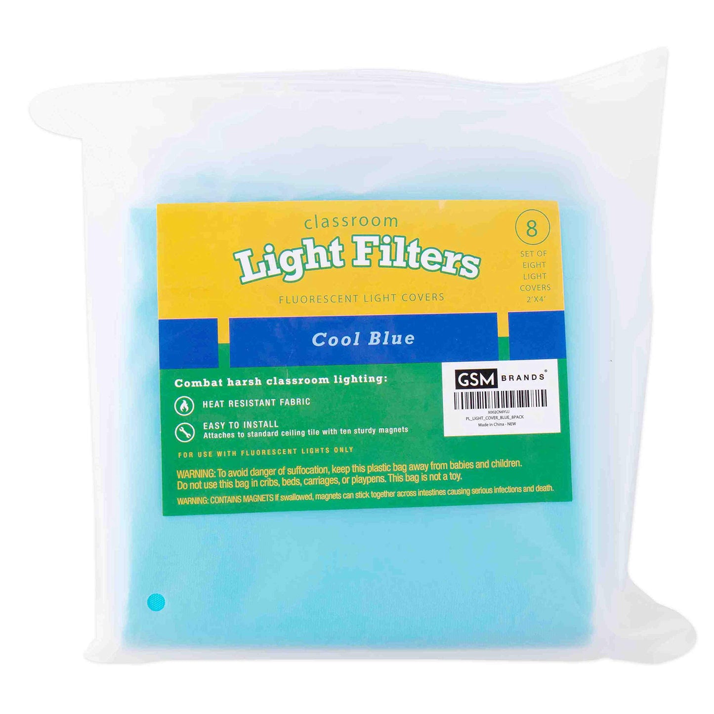 Fluorescent Light Diffuser Covers (Set of 8) Filters Light for Classrooms and Offices - Flame-Retardant Fabric (Tranquil Blue)