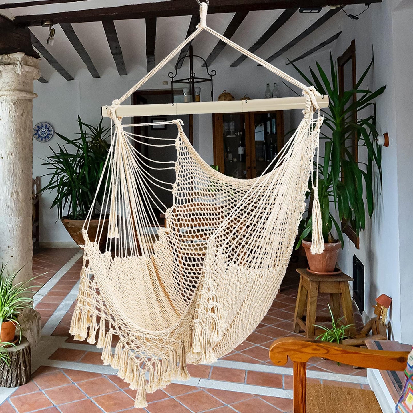 Hammock Chair, Large Hanging Chair, Soft Cotton Rope Swing Chair with High Load-Bearing Metal Rod,Indoor Outdoor Garden Yard Living Room Beige