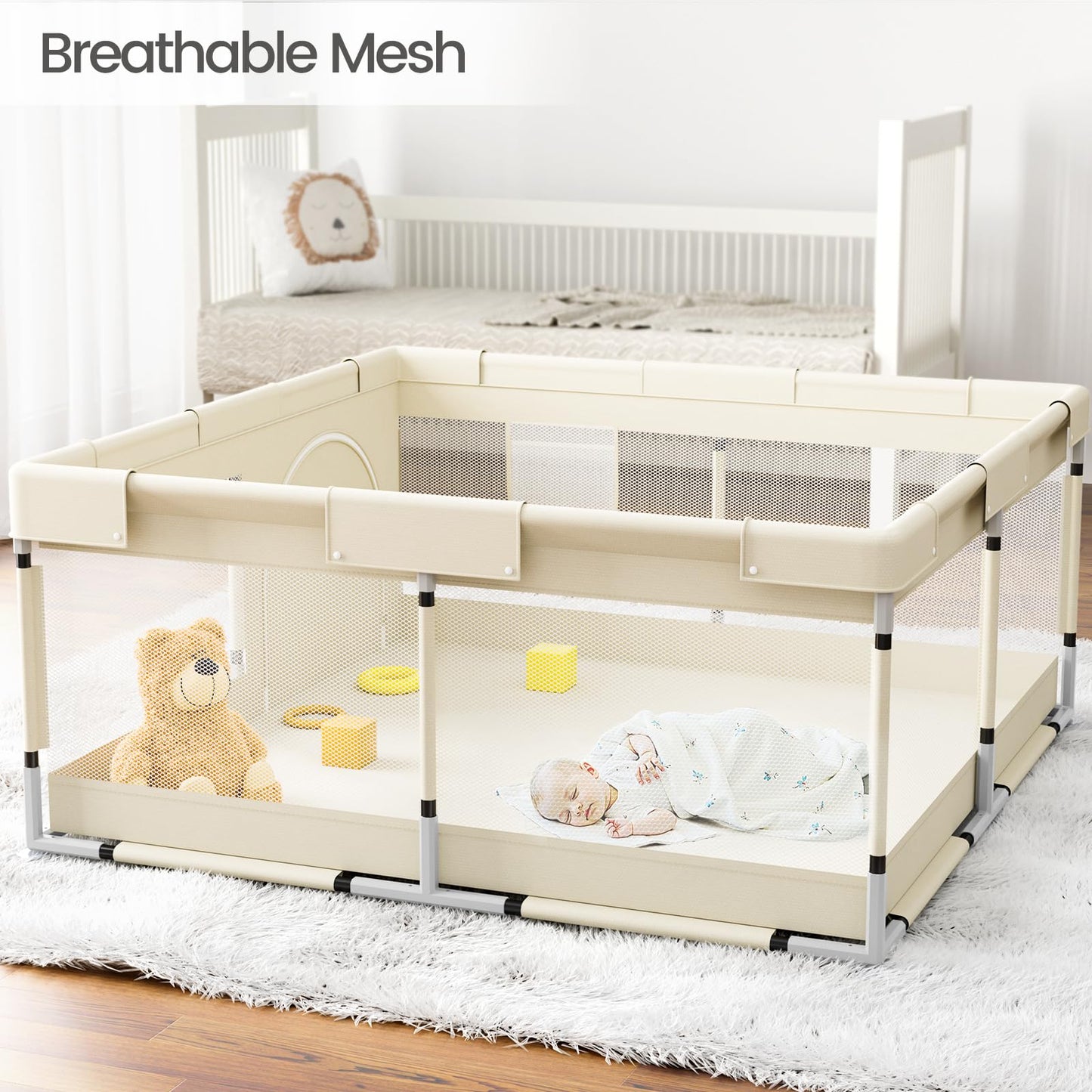Mloong Baby Playpen for Toddler Beige - 47x47 Play pen for Babies and Toddlers,Beige Baby Play Yard,Fence Play Area Activity Center,Corral Para Bebé