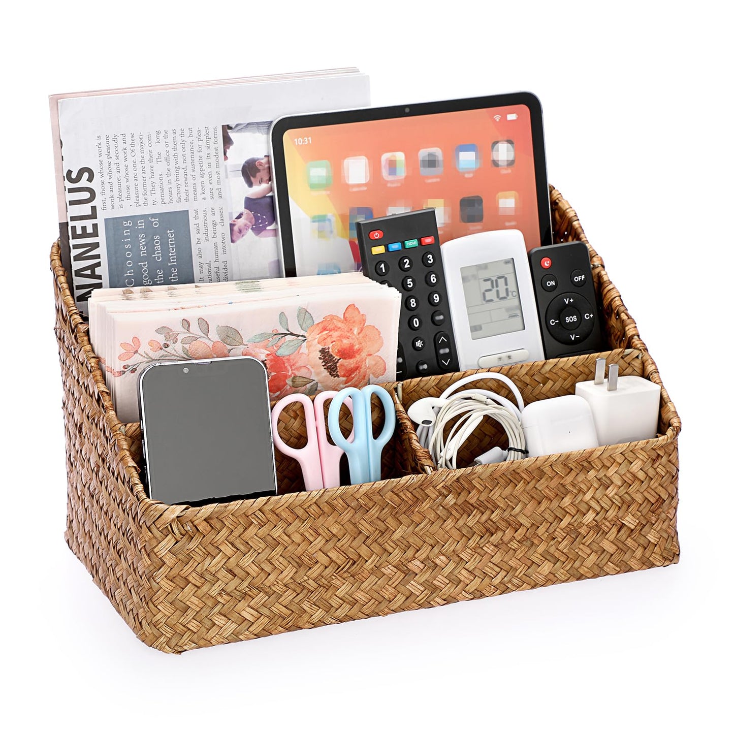 BTSKY Office Desk Organizer Natural Seagrass Desk Organizer with 4 compartments, Handmade Woven Wicker Mail Sorters, Office Supply Caddy Accessories Holder Organizer for School, Home, Office Supplies