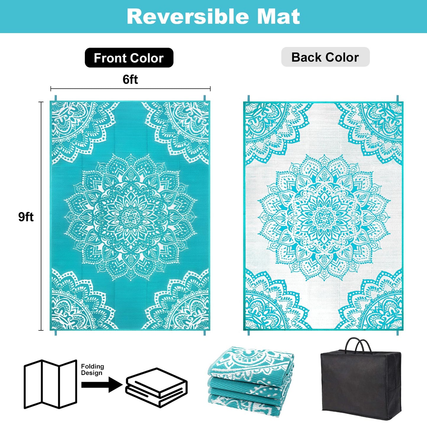 Yamaziot Waterproof Outdoor Rug 6x9 ft, Reversible Plastic Straw Rug for Patio Clearance, Camping, RV Mat, Large Outside Rug Carpet for Porch, Deck, Backyard, Balcony, Picnic (Blue)