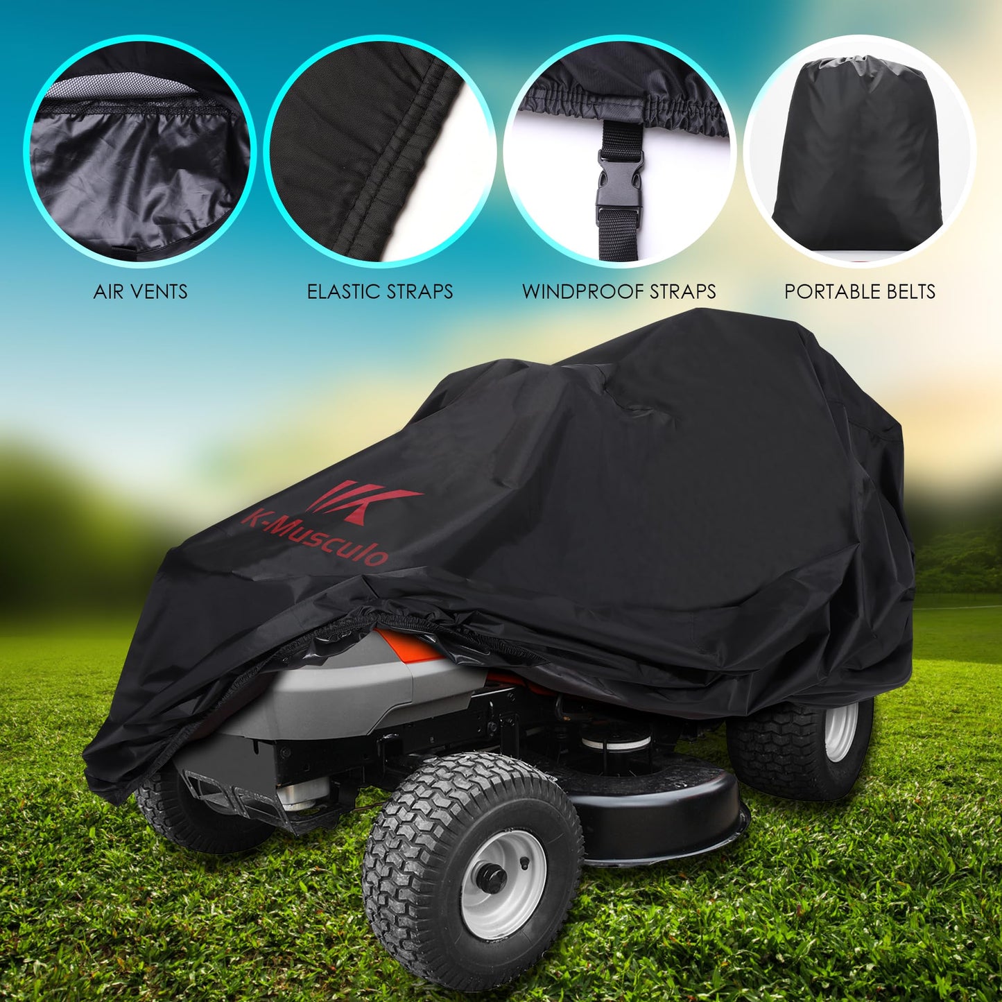 K-Musuclo Riding Lawn Mower Cover, Outdoors Tractor Cover Heavy Duty 420D PU Coating, Waterproof Strip With Drawstring & Cover Storage Bag（72"L X 54"W X 46"H）