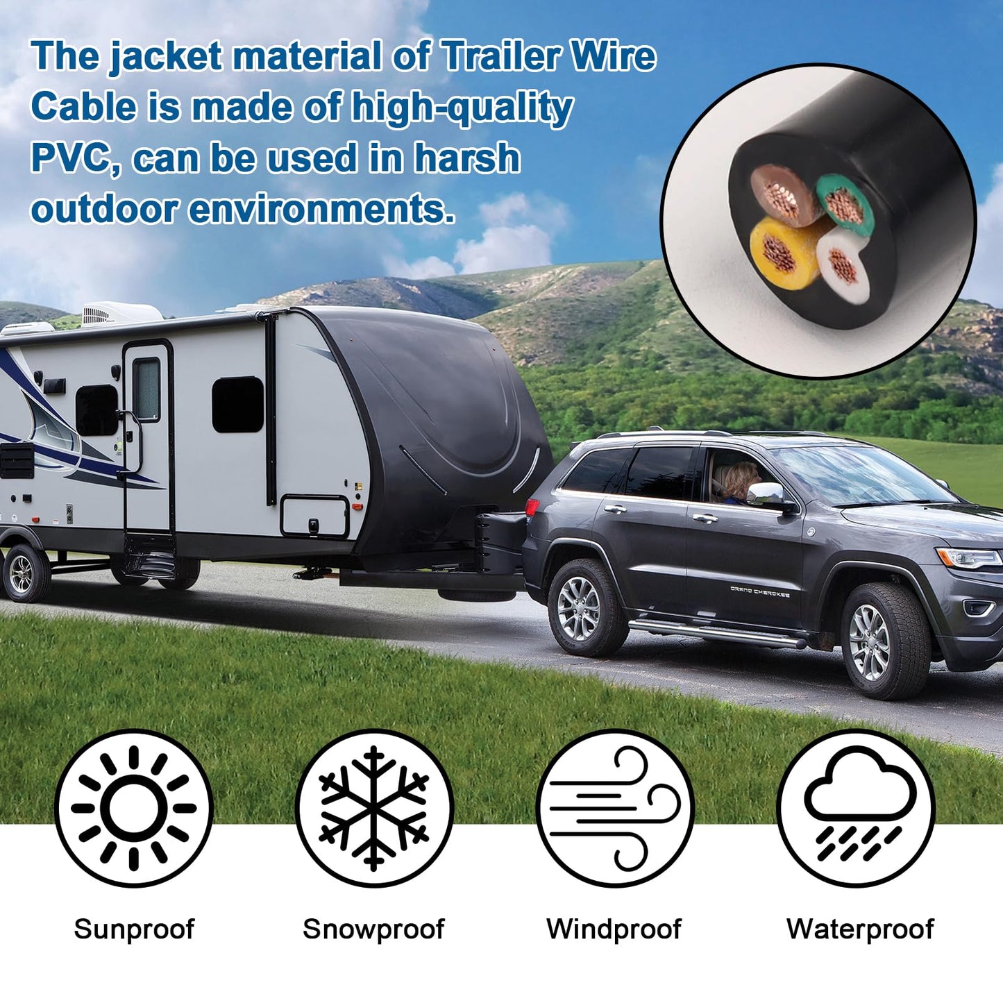 XRDS -RF Premium 14 Gauge 4-Way Conductor Wire - 25 Feet, Weatherproof and Flexible Trailer Cable for RVs, Campers, Trailers, 4-Pin Connector