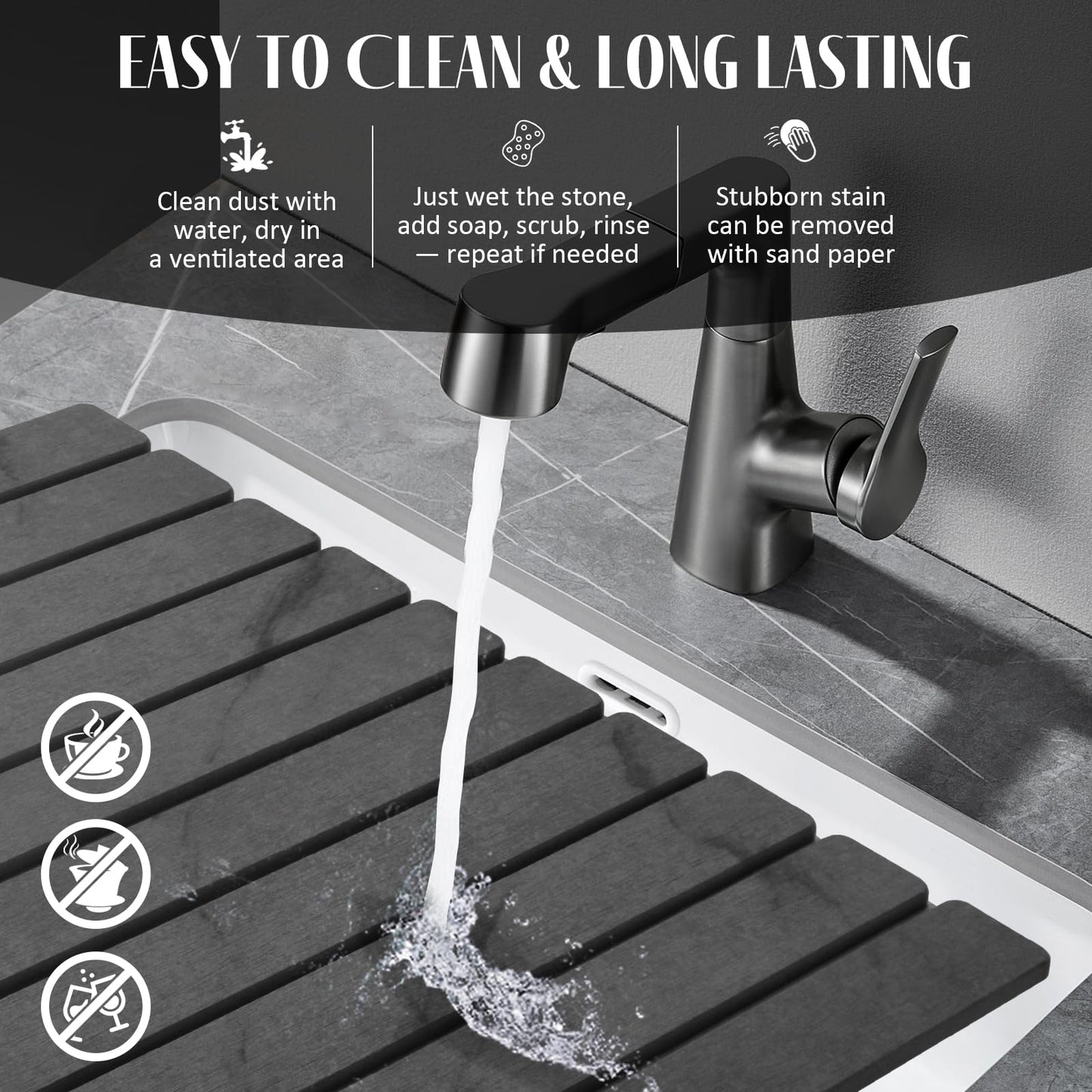 2 PCS Large Stone Dish Drying Mats for Kitchen Counter, 61"(L)×41"(W) Marble Pattern Dish Drying Mat with 20"x 10" Coasters, Collapsible Quick-Dry Diatomite Drying Mat for Dishes, Bottles & Cups