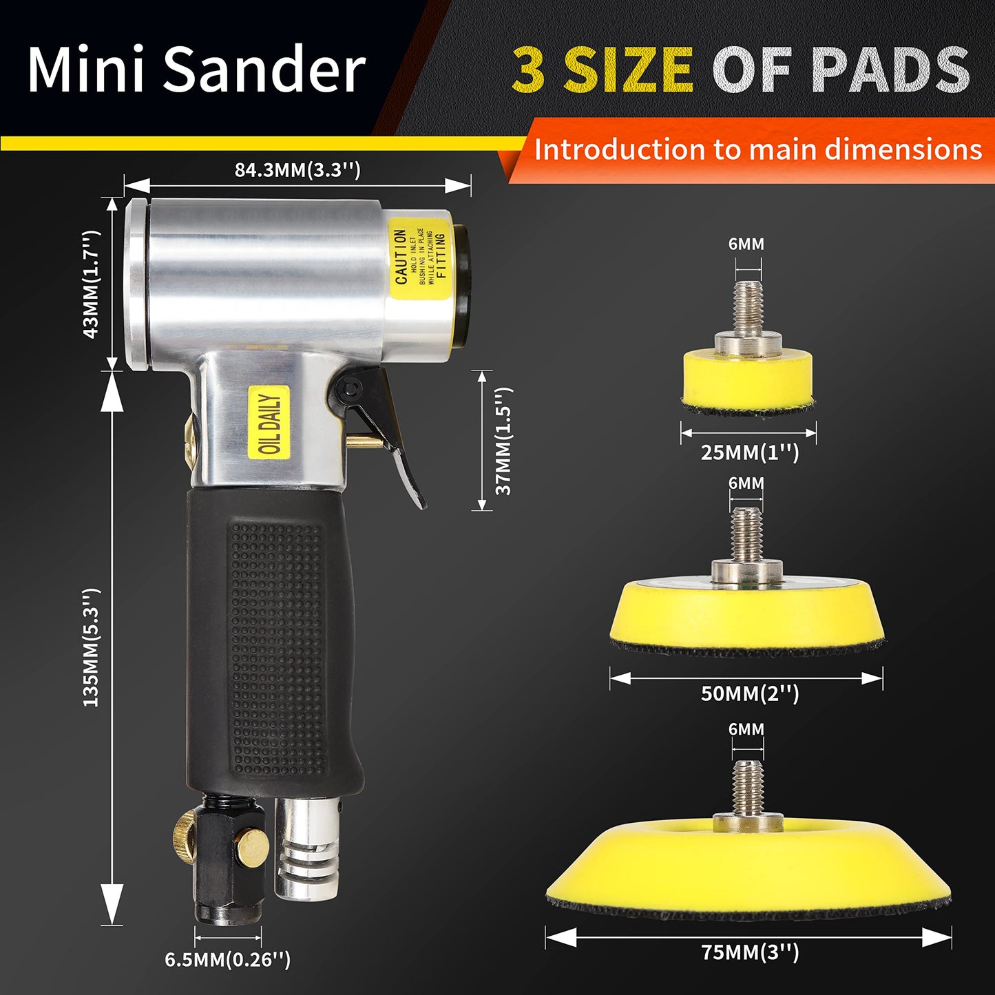 1/2/3 Inch Mini Air Angle Sander Air Random Orbital Palm Sander Grinder for Auto Body Work, High Speed Air Powered Sanders & Polisher with 27 Polishing Pads Buffing Pads and 30 Sandpapers (silver)