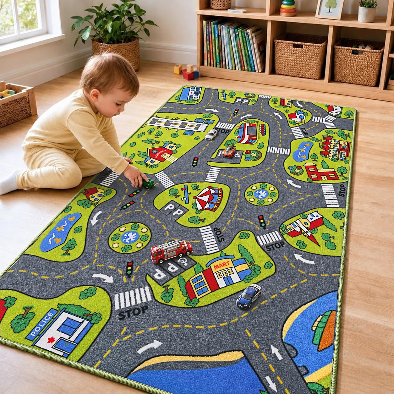 Large Kids Carpet Playmat Rug 32" x 52" with Non-Slip Backing, City Life Play Mat for Playing with Car Toy, Game Area for Baby Toddler Kid Child Educational Learn Road Traffic in Bedroom, Classroom