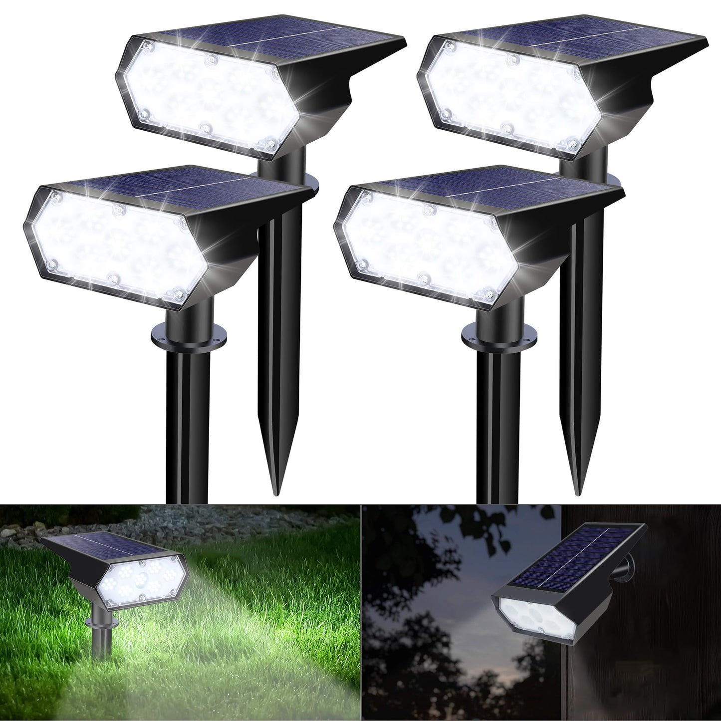 Solar Spot Lights Outdoor Waterproof IP65, 49 LED Solar Lights for Outside, 2 Brightness Modes Solar Powered Garden Yard Landscape Spotlights for Walkway, Driveway Decorations (4 Pack-White)