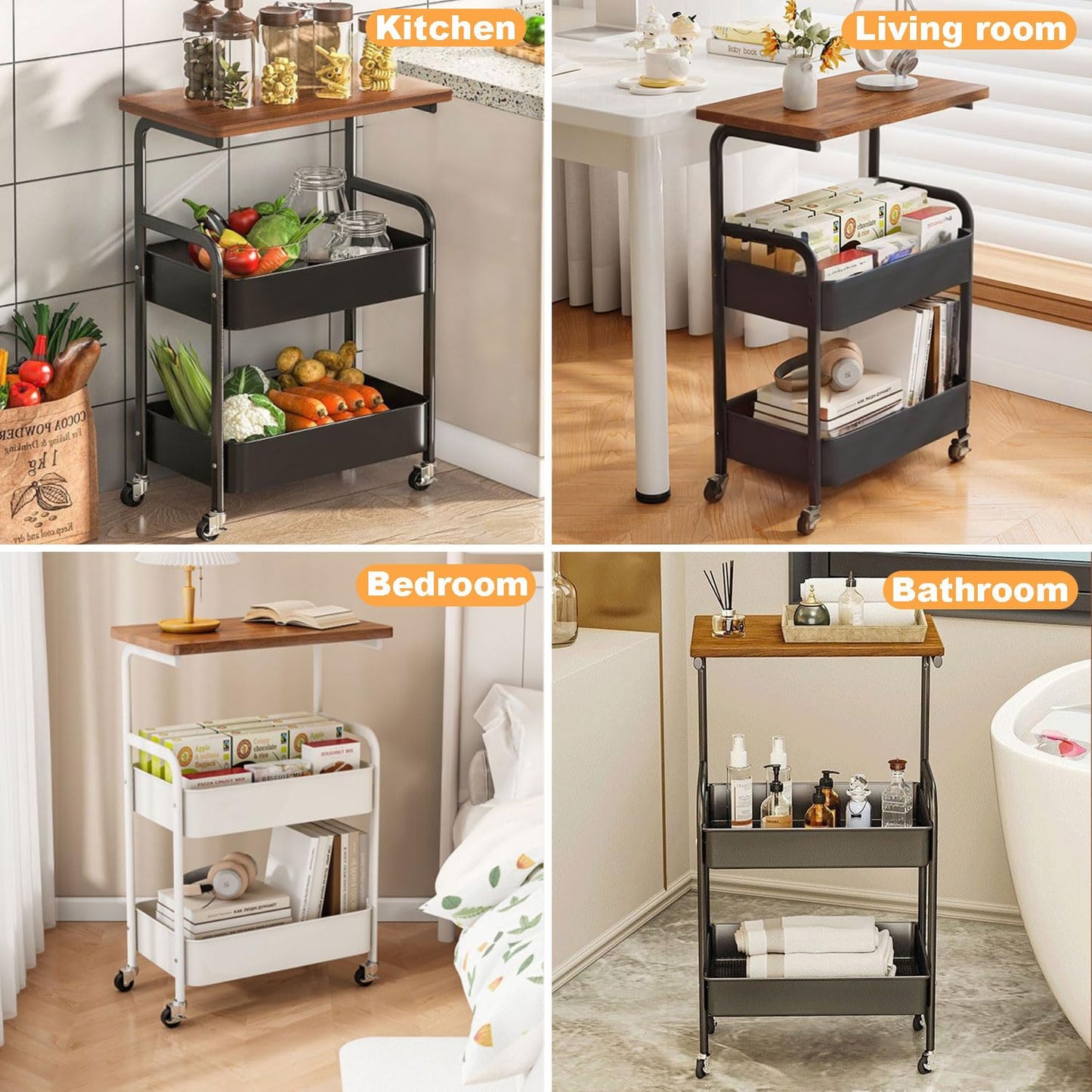 3 Tier Metal Rolling Utility Cart Functional Storage Trolley with Wooden Tabletop Mesh Baskets Wheels Organizer for Office Living Room Kitchen Bathroom Garage Tray Side Stand End Sofa Table (Black)