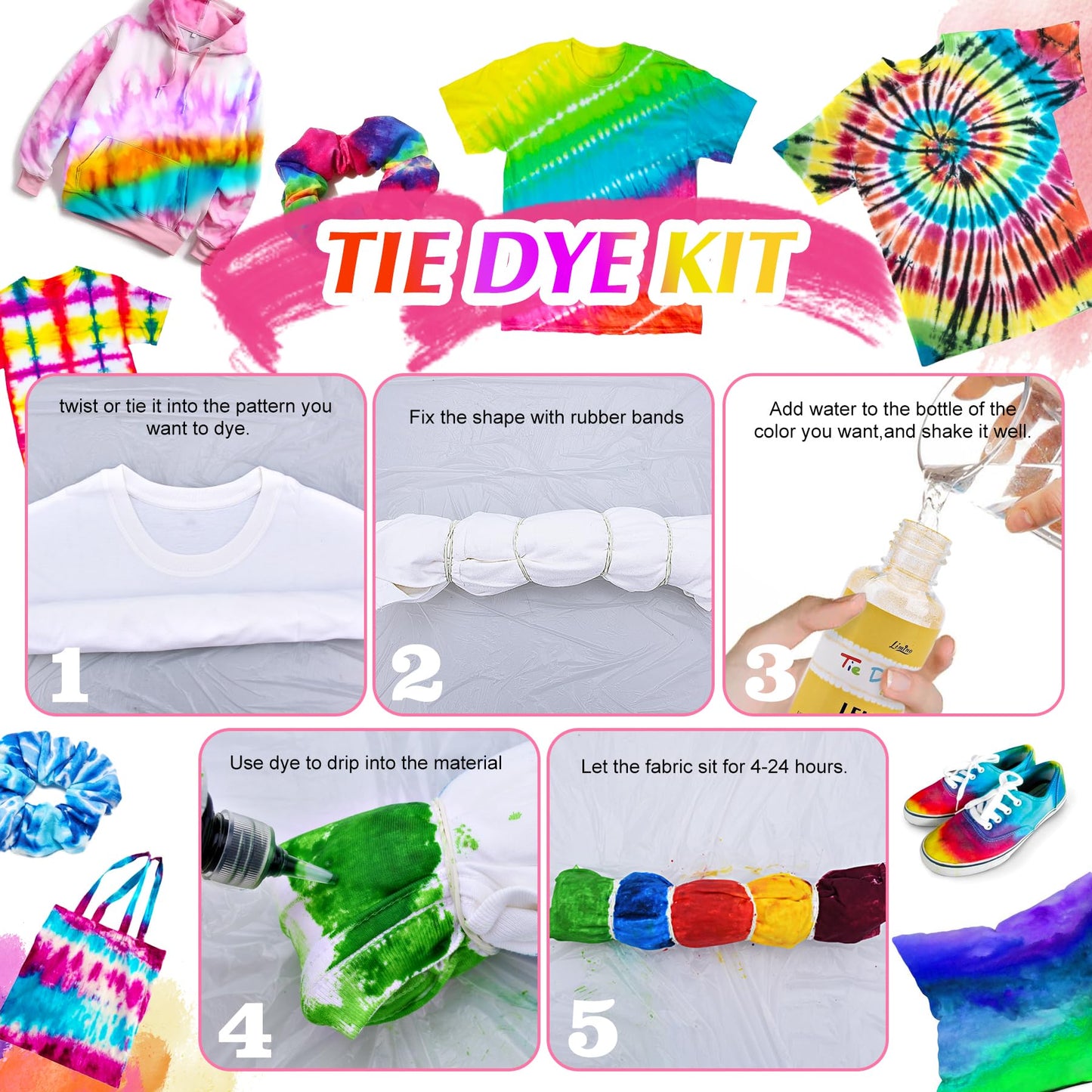 Tie Dye Kit - 40 Colors Permanent Fabric Dye with Rubber Bands, Gloves, Table Cover, Apron for Tie-Dye Art - All-in-1 Non Toxic Textile Paint Dye for DIY Shirt, Hoodie Clothing Painting
