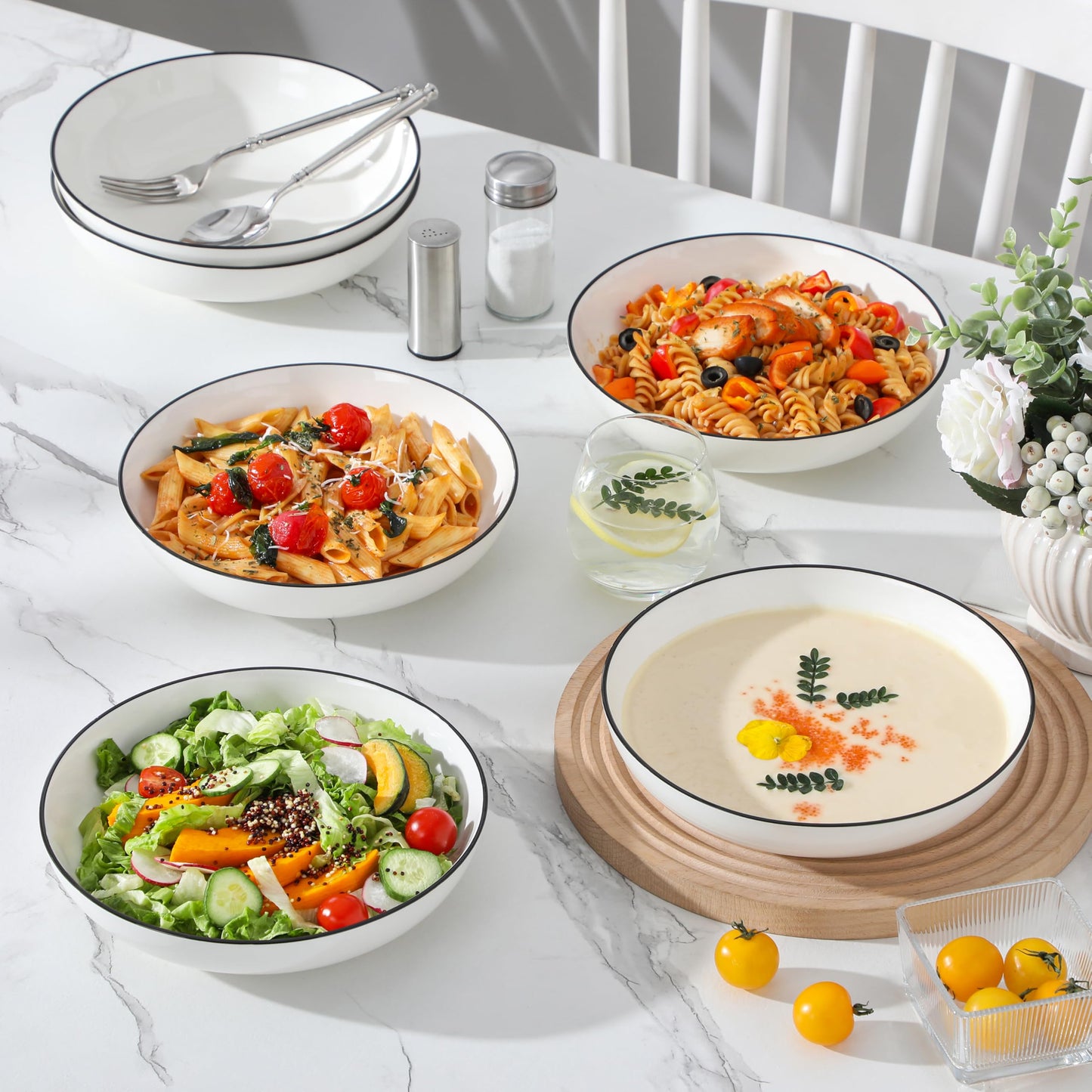 MALACASA 8.85" Large Pasta Bowls, 42 OZ White Salad Bowls Soup Bowls, Porcelain Serving Bowls Set of 6, Ivory White with Black Rim, Microwave & Dishwasher Safe, Series Regular