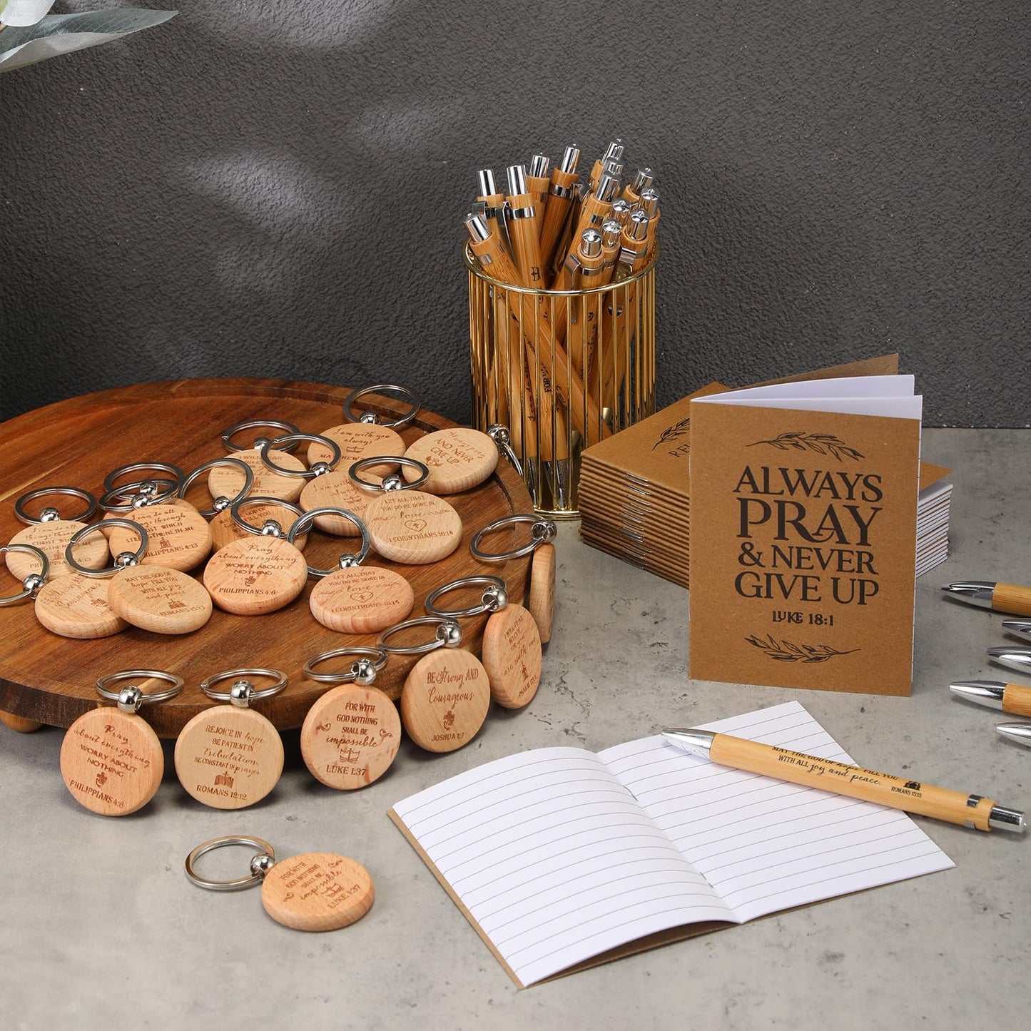 Seajan 80 Sets Christian Gifts Bulk Bible Verse Notebooks Pens with Wooden Keychains Appreciation Gifts for Halloween Pastor Church Office Employee Coworker