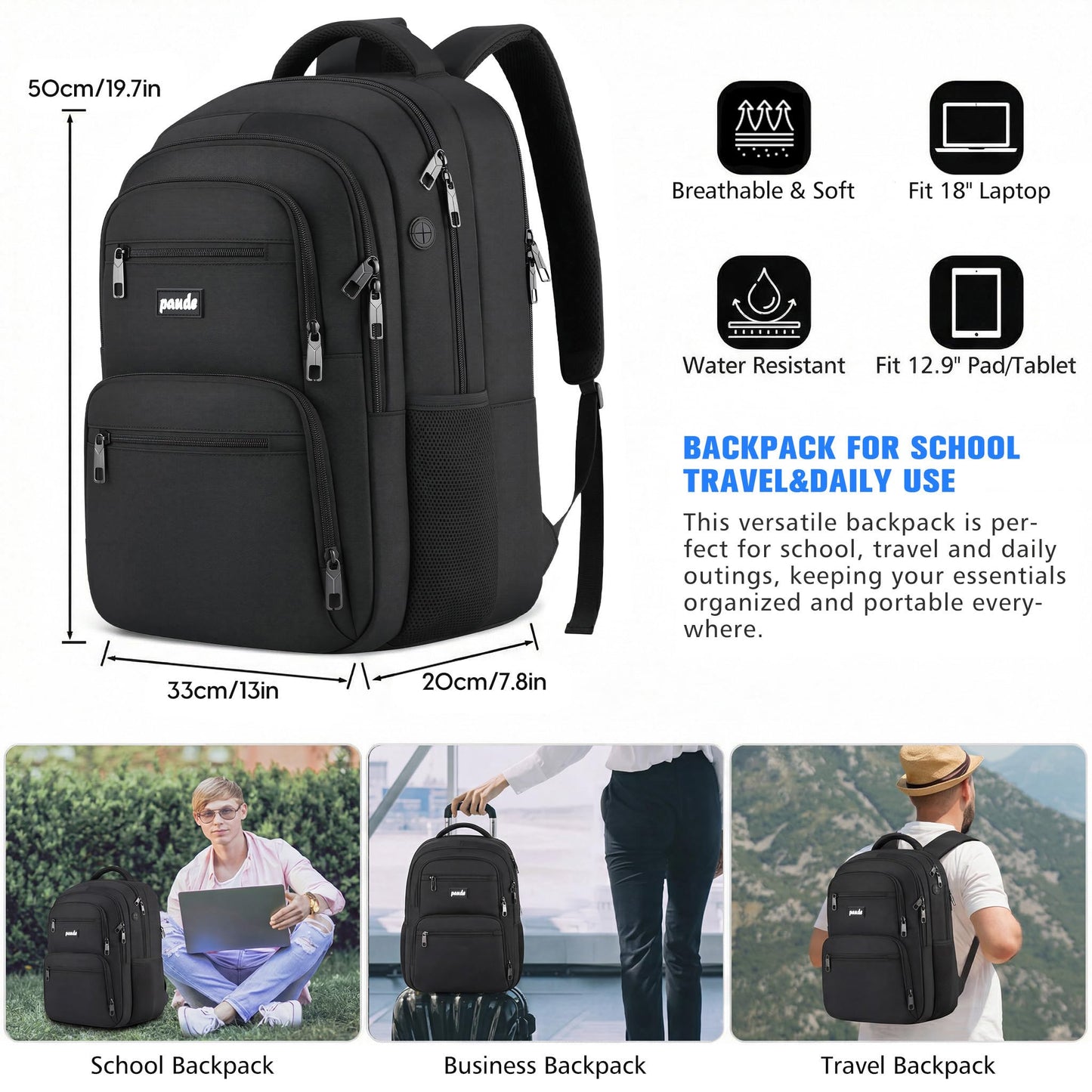 Paude Laptop Backpack,School Backpack Large Bookbag with USB for High School College Students Office Business,Waterproof