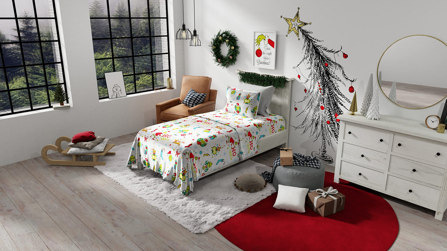 Franco Grinch by Dr. Seuss Holiday & Christmas Bedding Super Soft 100% Cotton Flannel Sheet Set, 3 pcs, Twin, (Official Dr. Seuss Product)