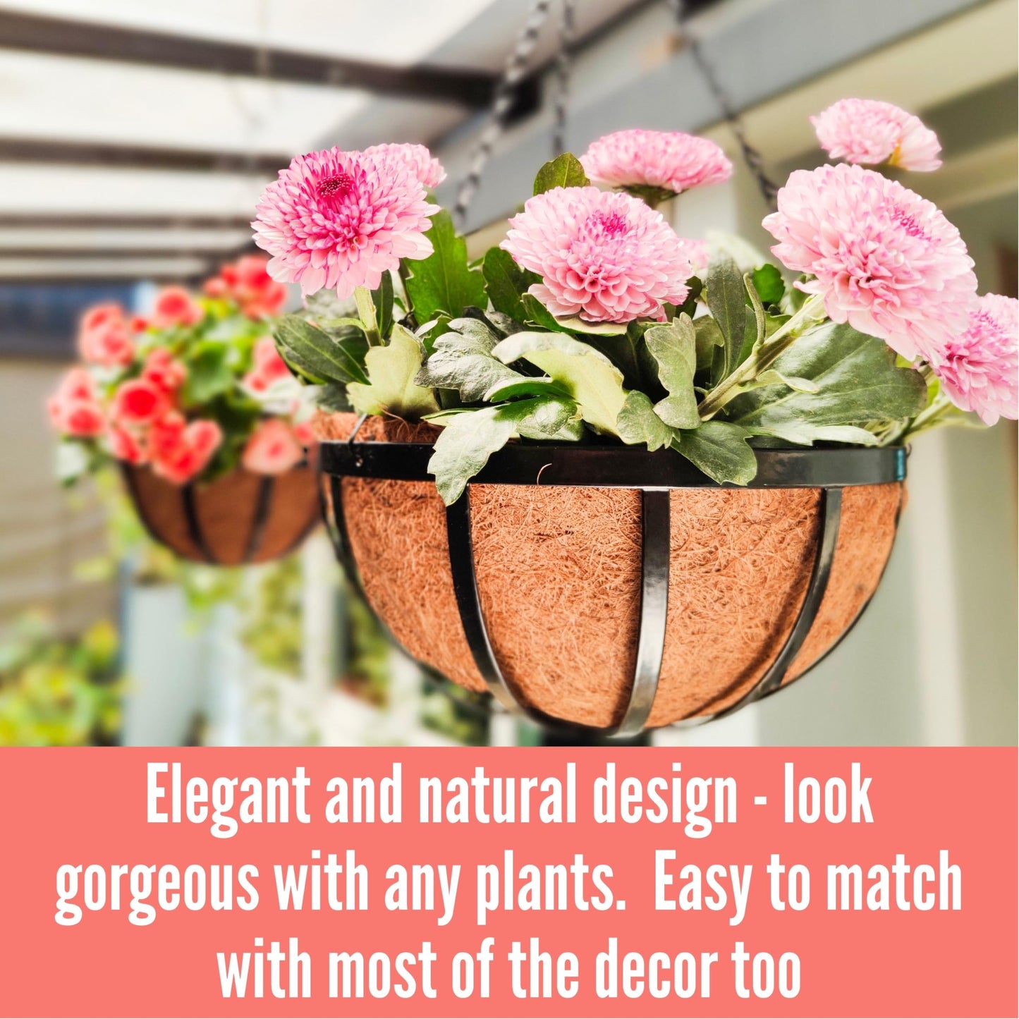 LaLaGreen Outdoor Hanging Baskets for Plants (14 Inch, 4 Pack) Large Hanging Planter with Coco Liner, Round Plant Flat Iron Metal Flower Pots for Deck Patio Porch Garden Balcony Outside Decoration