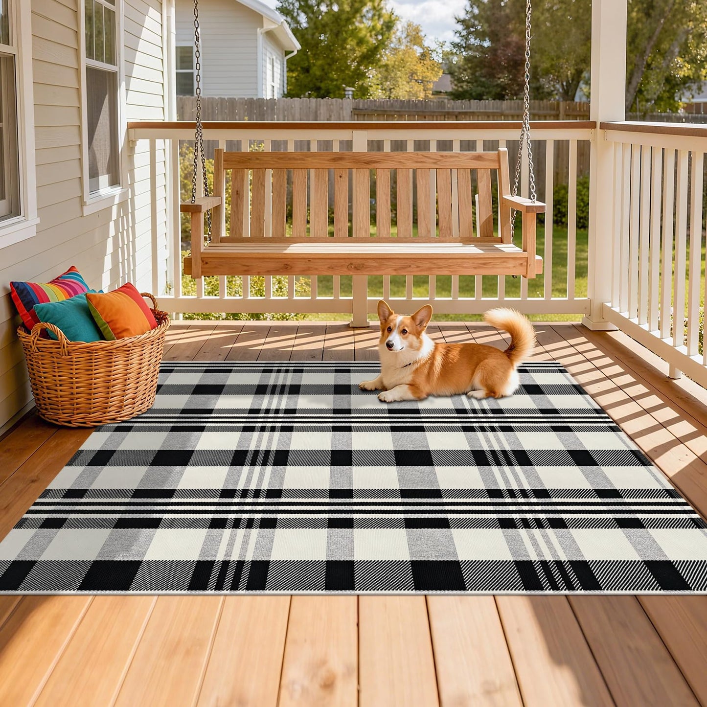 Fixseed Buffalo Plaid Checkered Rug 4'x6' Front Door Mat Outdoor,Black and Beige Cotton Washable Front Porch Rug Layered Doormats for Living Room Dining Room Bedroom Farmhouse