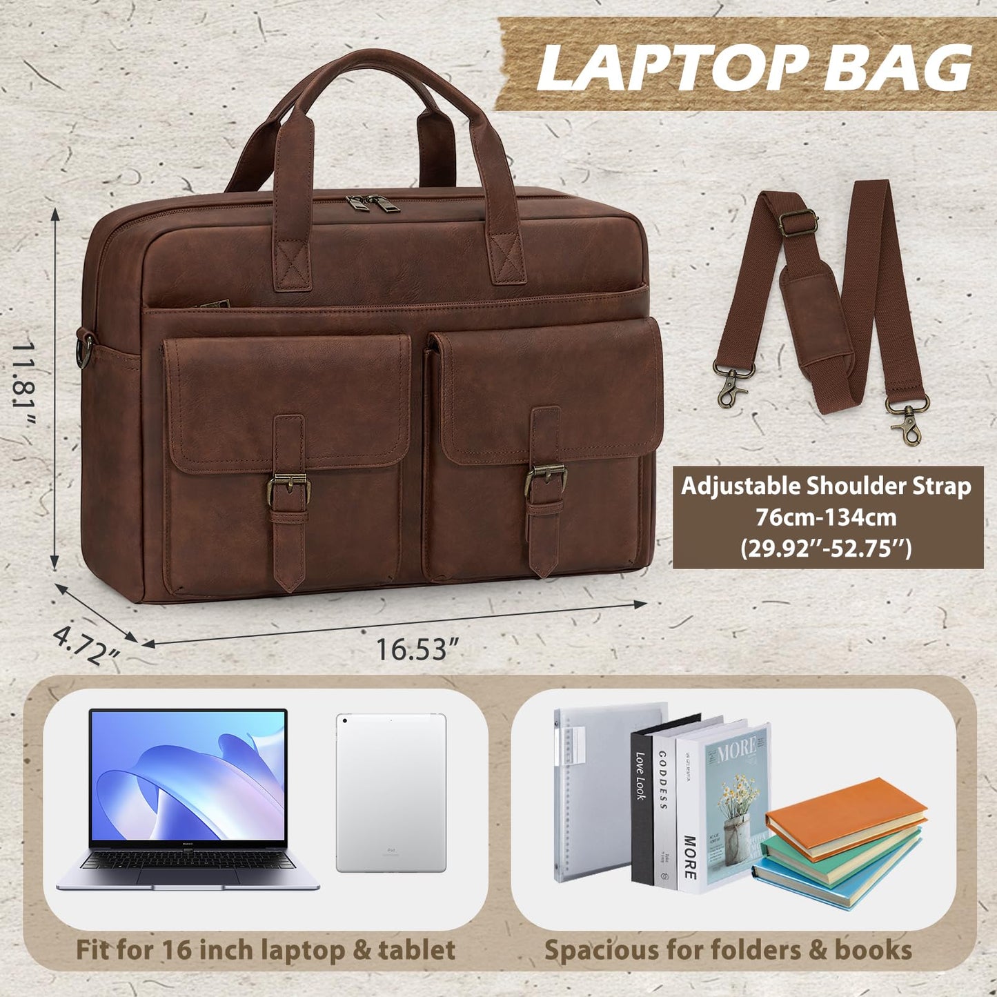 RAINSMORE Laptop Bag Men Messenger Bags Leather Briefcases for Men 16 Inch Computer Satchel Shoulder Bag for Work, Office, Business, College