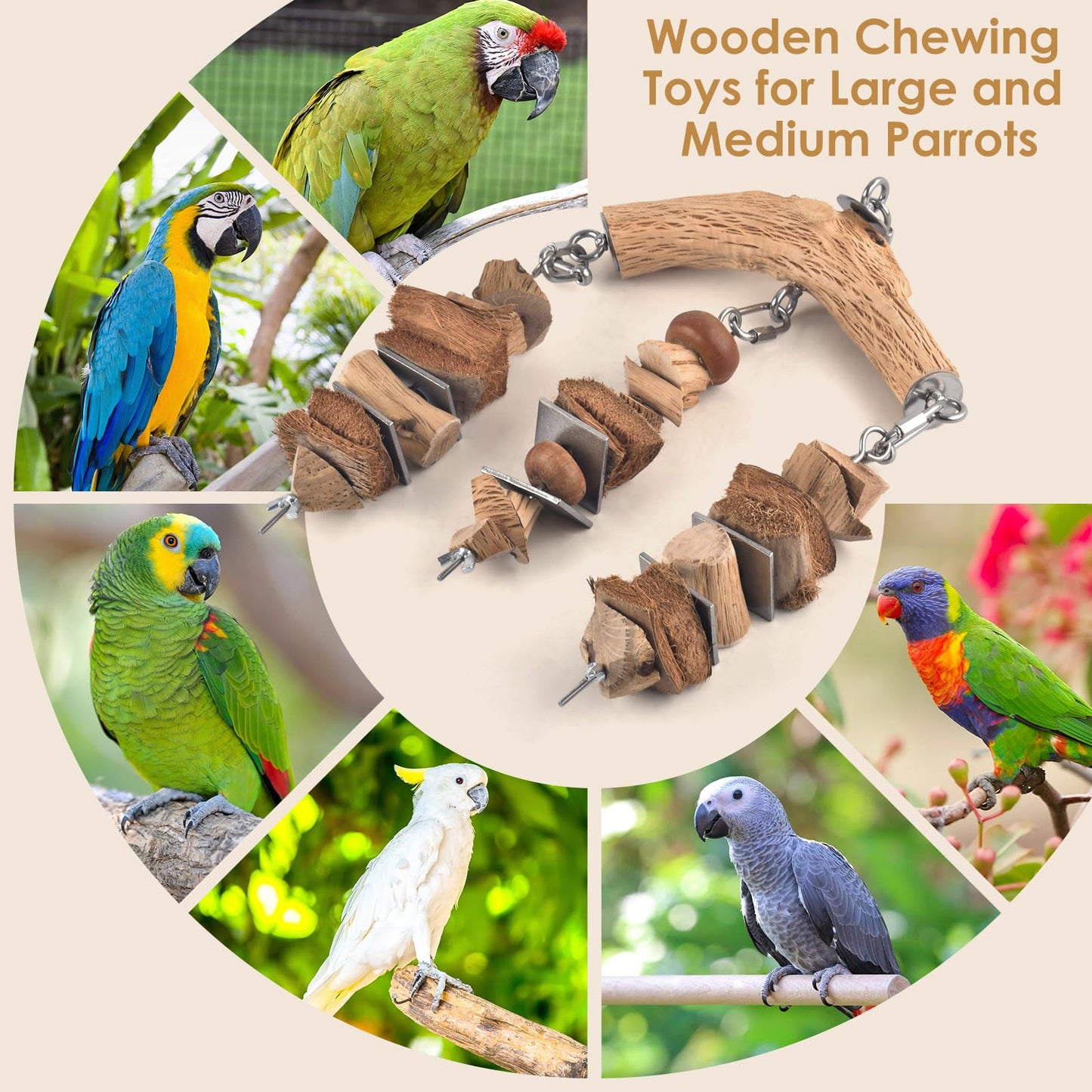 DBNESS Large Bird Parrot Toys, Birds Wooden Chew Blocks with Stainless Steel Cage Hanging Bite Toy for Macaws, African Greys, Cokatoos, Amazon Parrots and Small Medium Parakeets