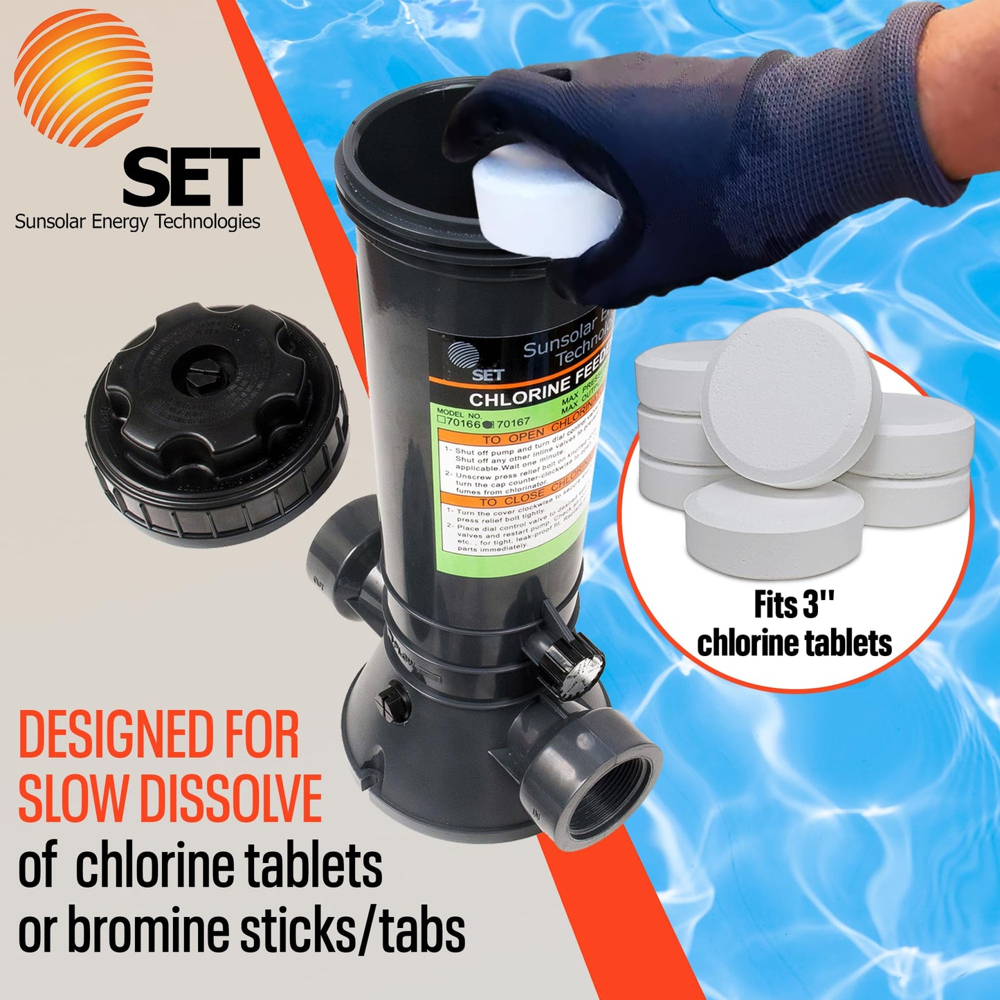 SUNSOLAR Automatic Chlorinator for Above Ground Pools and In-Ground Pools- Free Standing in-Line - Dispenser Holds 4.2lbs