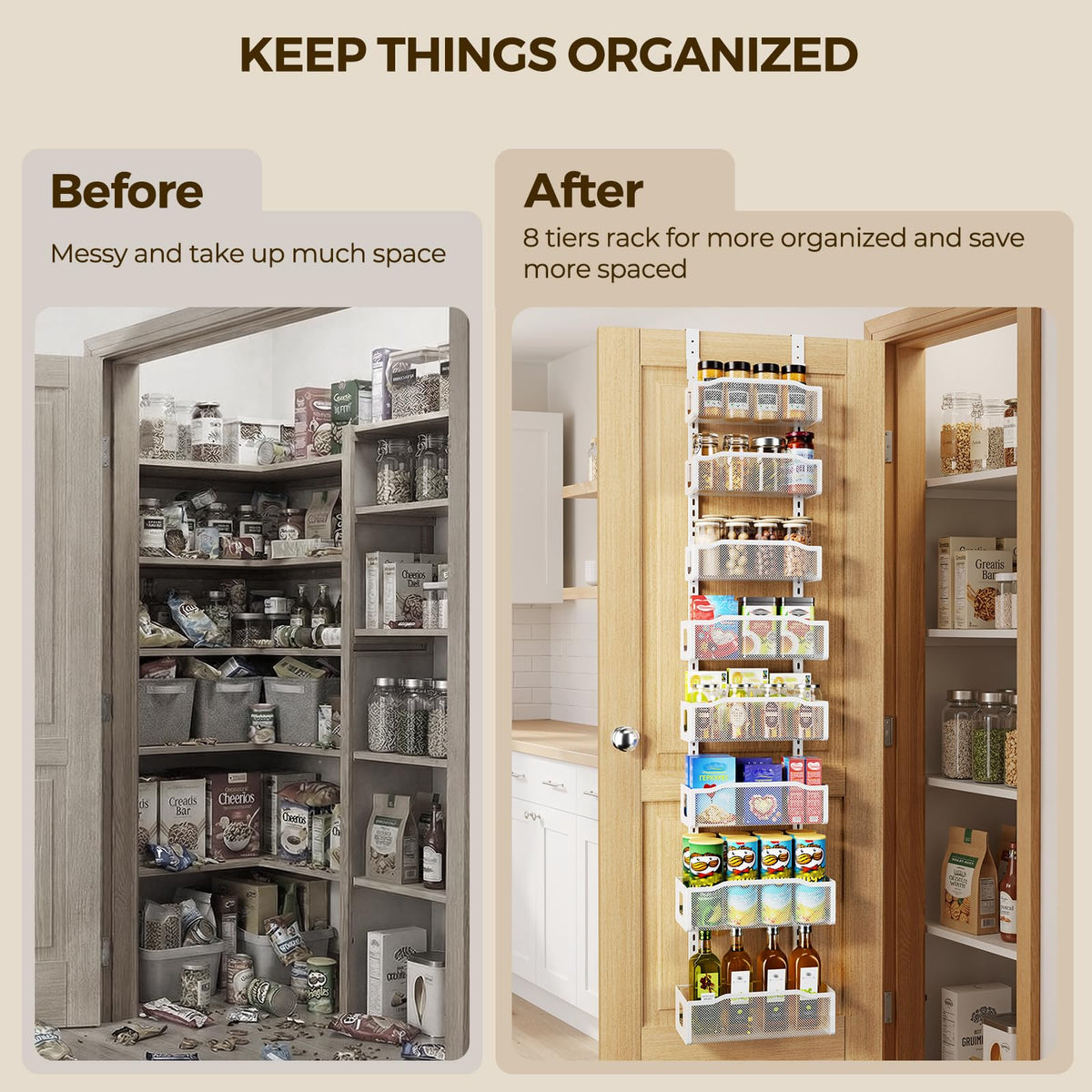 Delamu 8 Tier Over the Door Pantry Organizer, 2in1 Hanging or Wall Mount Spice Rack Seasoning, Adjustable Heavy-Duty Narrow Pantry Door Organizer and Storage for Kitchen Cabinet and Bathroom,12" White