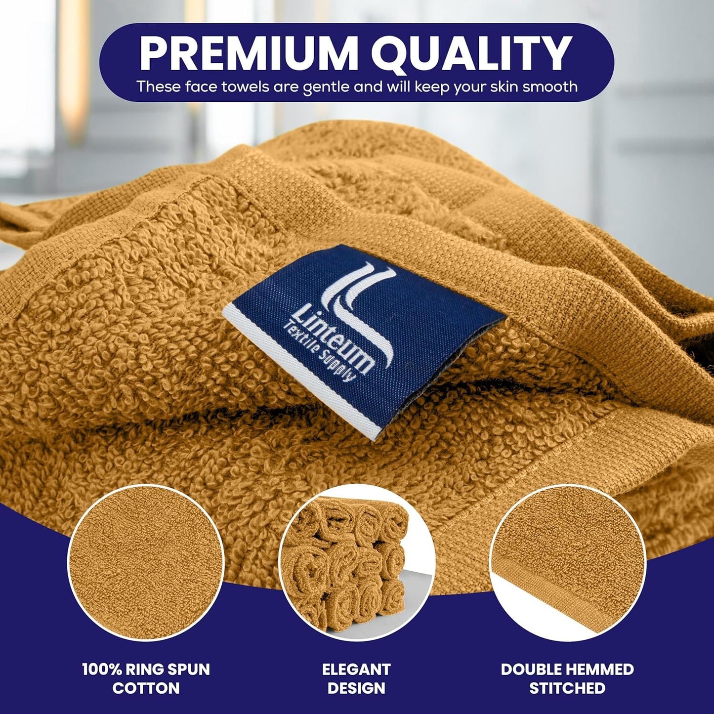 Linteum Textile Supply Linteum Textile Premium Wash Cloths Set - 12x12 Inches (12 Pack) Mustard - 100% Cotton Ring Spun Washcloths, Highly Absorbent & Soft Feel Face Towels for Bathroom, Spa and Gym