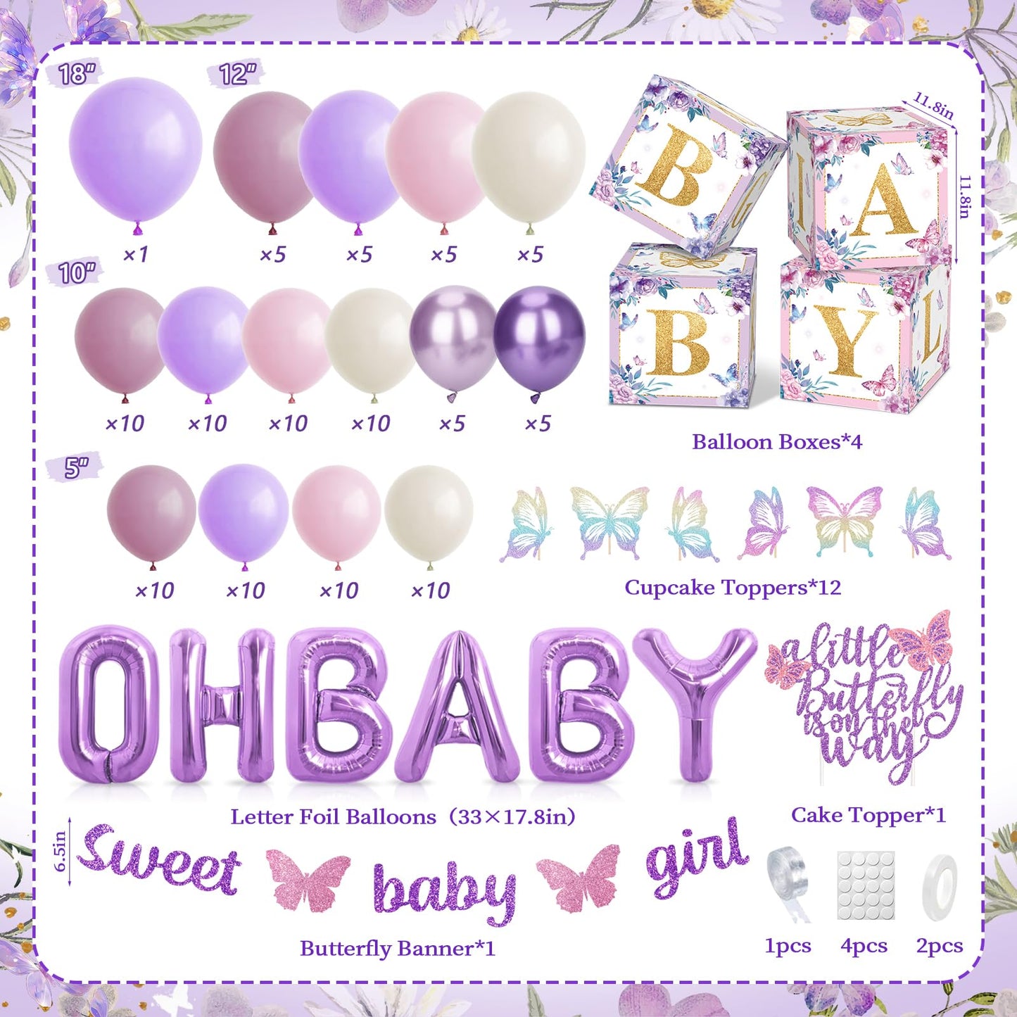 Butterfly Baby Shower Decorations, Baby Girl Shower Decorations A Little Butterfly Is On The Way Backdrop Sash Tablecloth Cake Toppers Stickers Pink Purple Balloons Baby Boxes Baby Shower Girl Decor