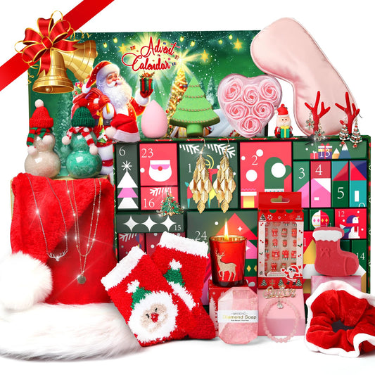 Christmas Advent Calendar 2024 For Adult Women, Christmas 24 Pieces Beauty Fashion and Jewelry Bath Sets Countdown Gifts, Christmas Surprise Gift Baskets for Women, Mom, Wife, Sister, Colleague, Adult