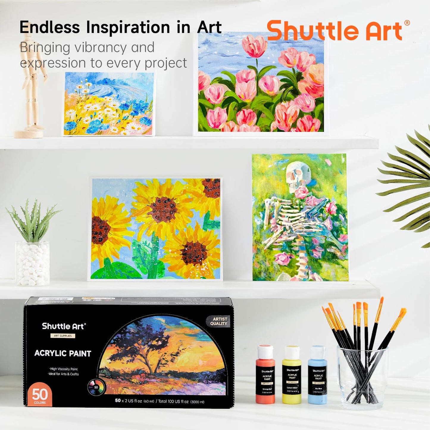 Shuttle Art Acrylic Paint, 50 Colors Acrylic Paint Set, 2oz/60ml Bottles, Rich Pigments, Water Proof, Premium Acrylic Paints for Artists, Beginners on Canvas Rocks Wood Ceramic Fabric