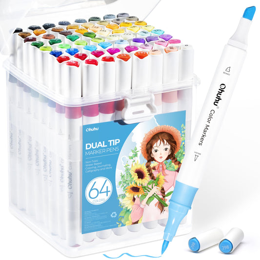 Ohuhu Markers for Adult Coloring Books No Bleeding 64 Colors Dual Tips Water-based Ink Coloring Markers for Kids Adults Beginners Drawing Pens for Journaling Lettering (Brush & Chisel)