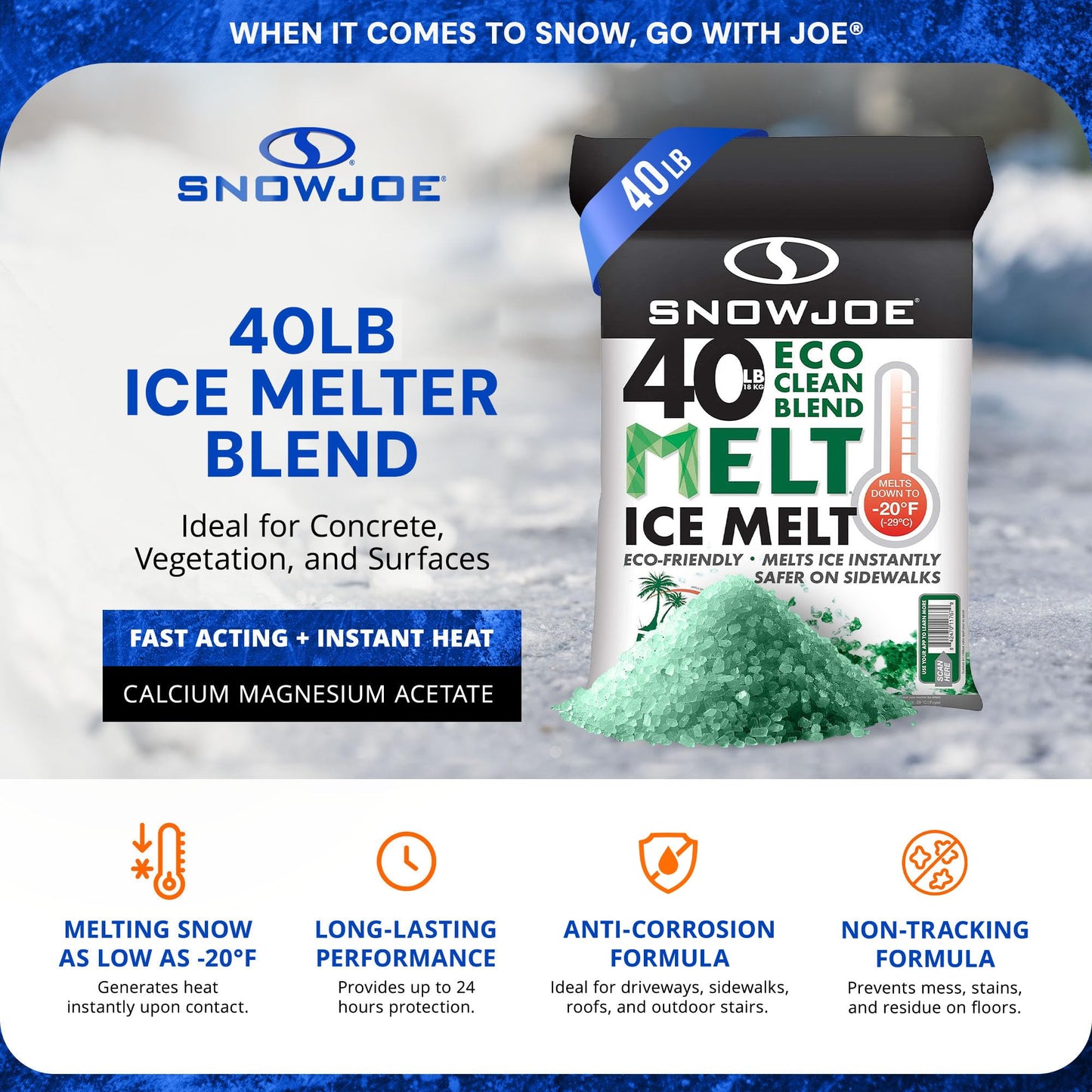 Snow Joe Snow & Ice Melter, Heat-Generating Pellets, Non-Staining Melt, 40 Lb Bag - Fast-Acting Deicer and Remover for Plants, Concrete, Driveway, Sidewalk, and Outdoor Spaces, Eco Clean