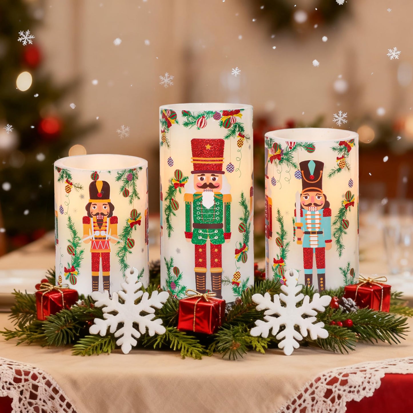 Crystal Club Christmas Flameless Candles Battery Operated, Holiday Nutcracker LED Candles with Remote, Realistic Pillar Candles for Xmas Tree, Mantel, Home Decor, Set of 3