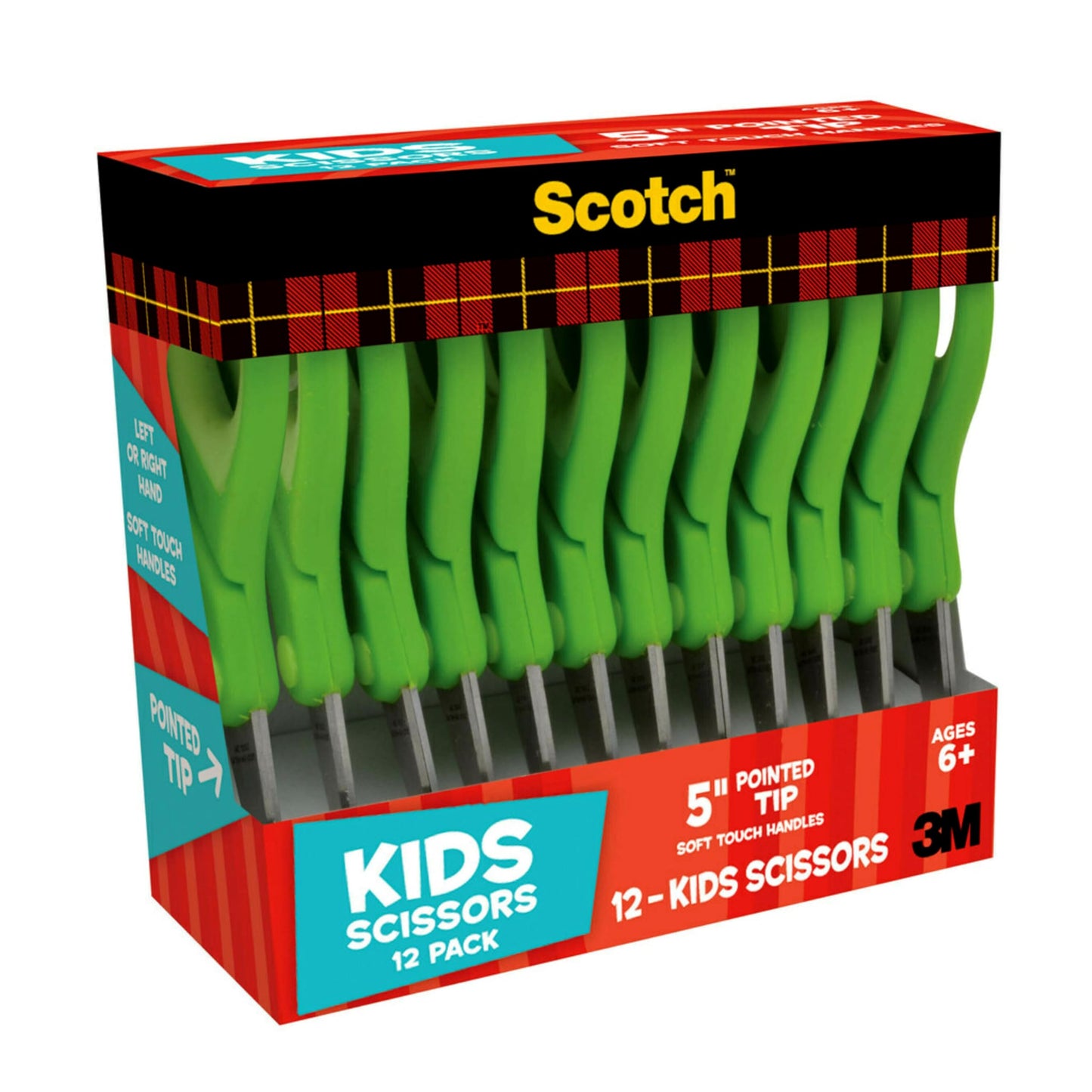 Scotch 5-Inch Soft Touch Pointed Kid Scissors, 12 Count Teacher Pack, Green (1442P-12)