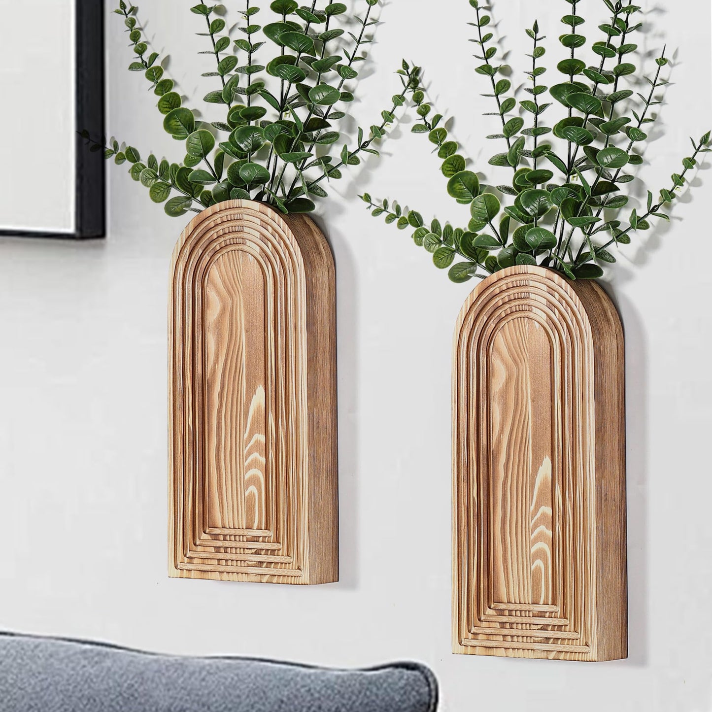 Dnnnii 2 Pack Wooden Wall Vase Set - Brown Finish Modern Farmhouse & Boho Wall Decor for Entryway, Hallway, Bathroom, Living Room, Dining Room, Narrow Spaces