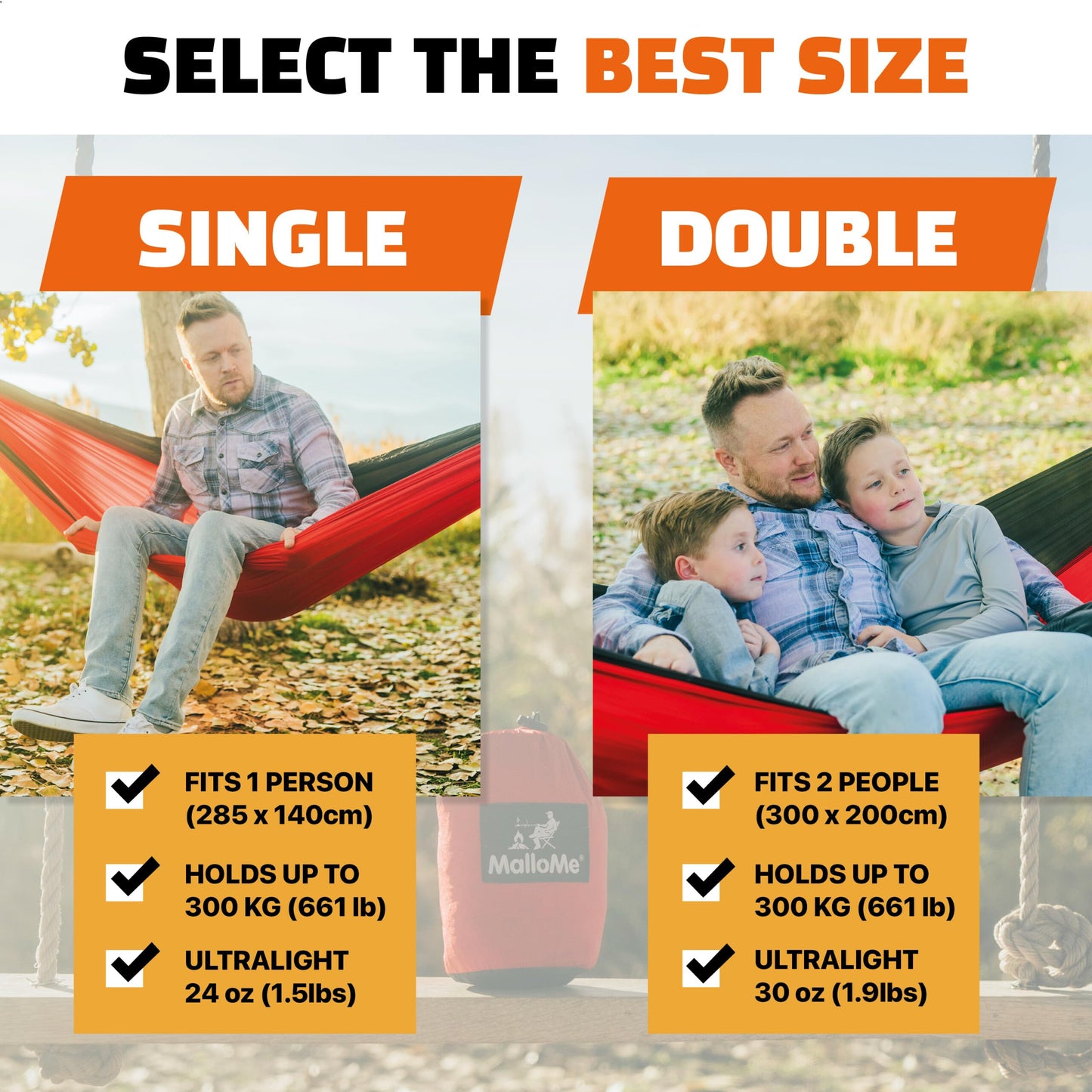 MalloMe Camping Hammock with Straps - Portable Outdoor Hammock for Adults, Kids - Double Hamac - 2 Person Hammocks - Tree Hamac Swing with Accessories - Hamock Tent for Travel - Hammocks for Outside