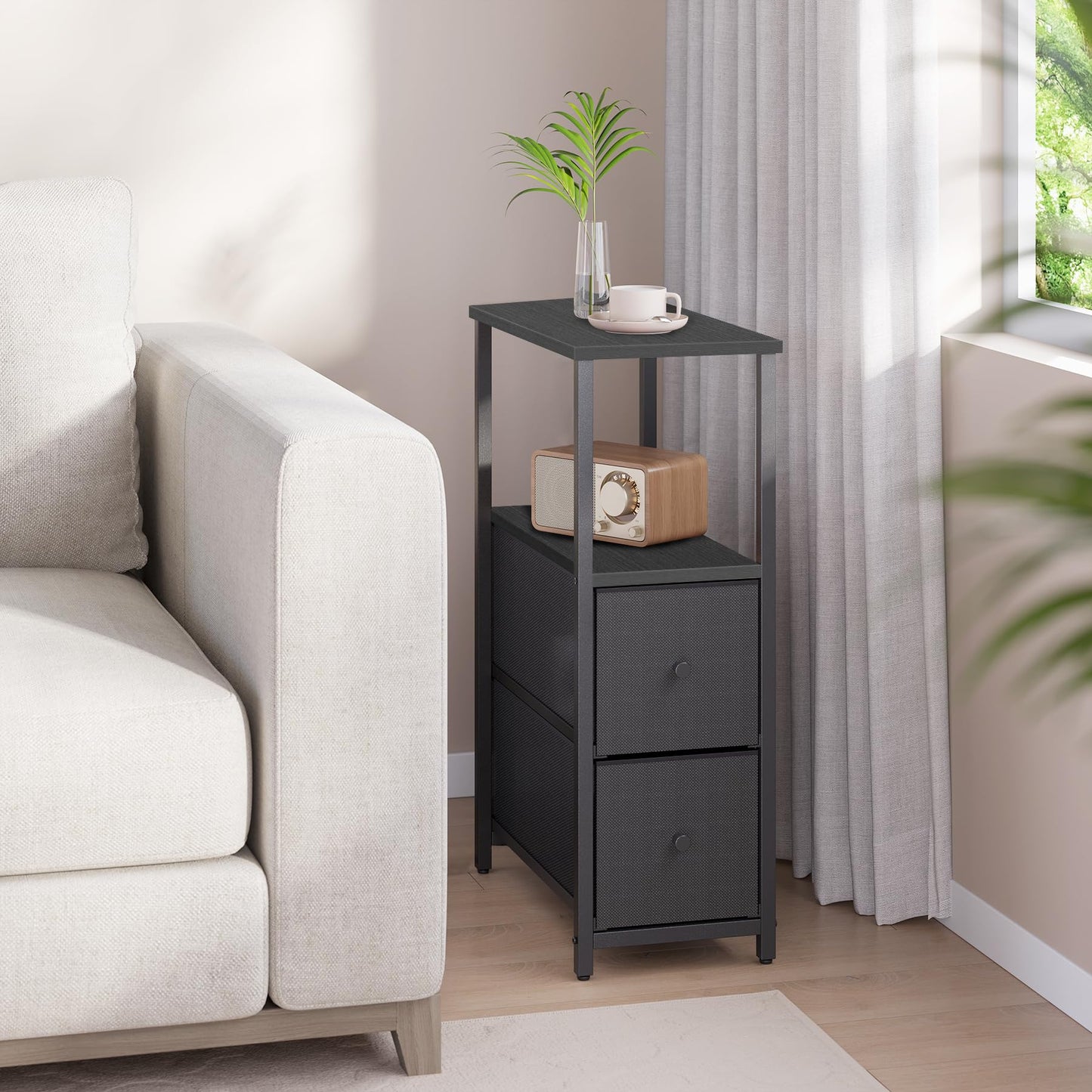 TUTOTAK Small Narrow End Table, Set of 2, Side Table, Nightstand with 2 Cloth Drawers, Couch Table, for Living Room, Bedroom, Bedside, Black TB01BK054CA