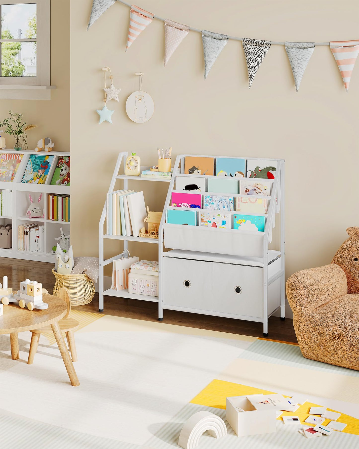 CHOEZON Kids Bookshelf and Toy Storage, 4-Tier Sling Bookshelf for Kids, Kid Book Shelf with 3-Tier Storage Shelf and 2 Drawers, Toddler Bookshelf for Kids Room, Nursery, Classroom, White TCW10WB