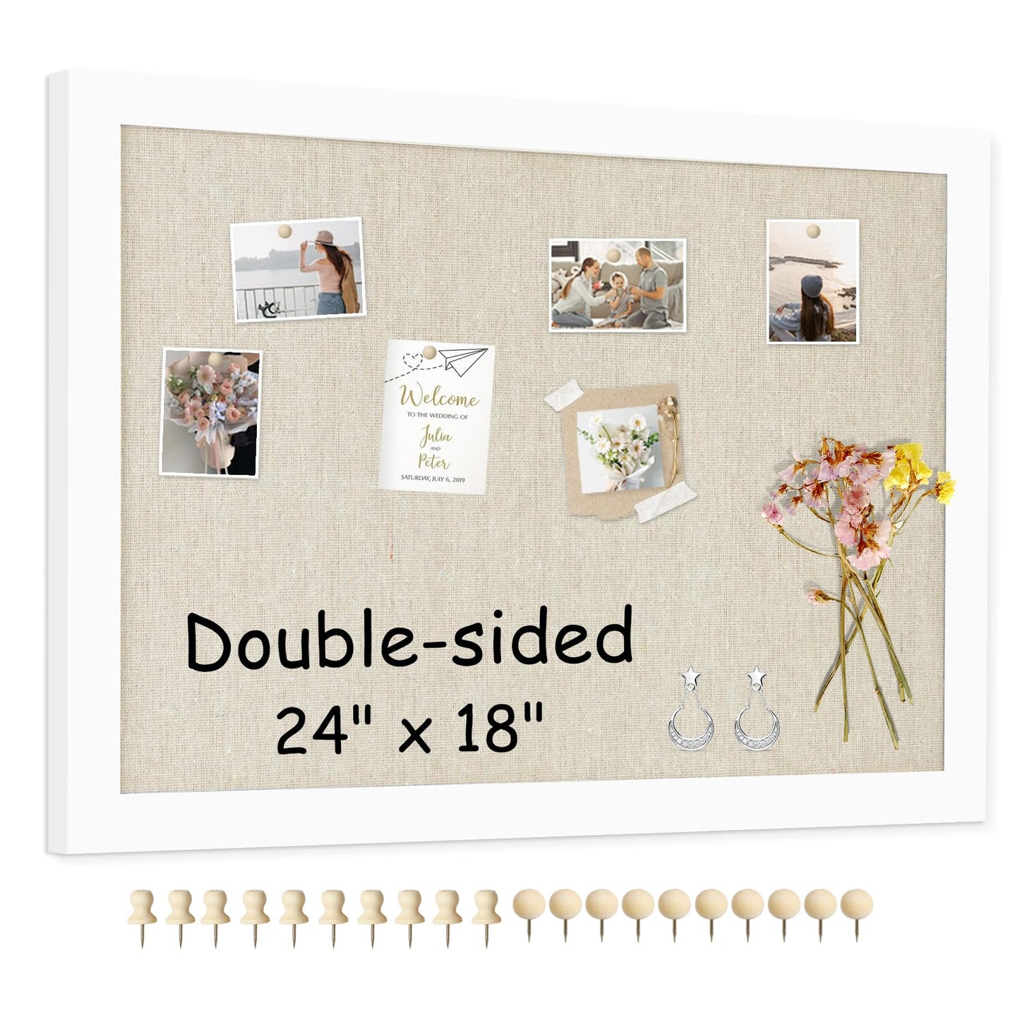AMUSIGHT Double-Sided Large Cork Board with Linen, 24" x 18" Hanging Wood Framed Bulletin Board, Picture Display Vision Board Corkboards for Wall Room School Office Decor, 20 Pushpins,1pack