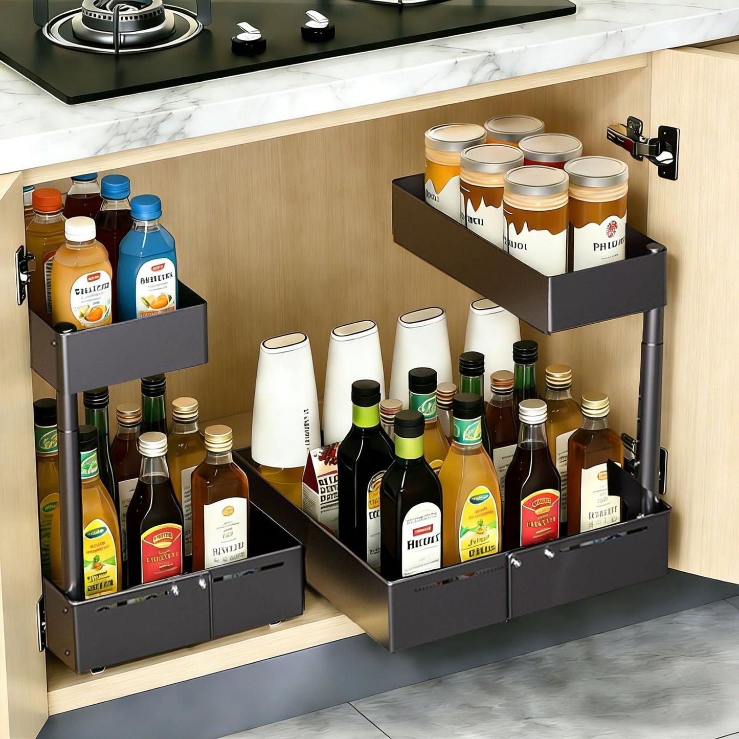 Bathroom Storage Organizer,Under Sink Organizer, Multi-Purpose Bath Collection Baskets for Bathroom,Pull Out Kitchen Organizers and Storage, 2 Tier Sliding Cabinet Basket Organizer Drawer（2 Pack）